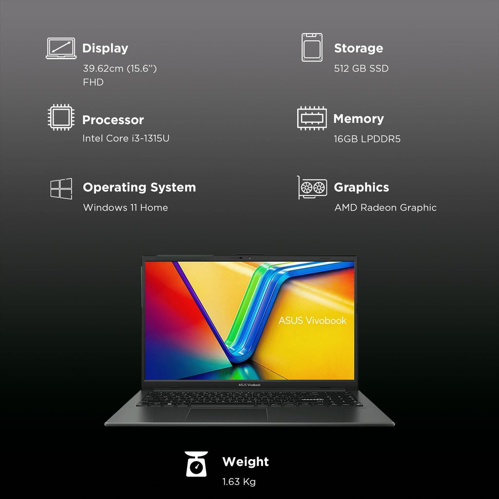 ASUS Vivobook Go 15 E1504FA-NJ5542WS AMD Ryzen 5 Thin & Light Laptop (16GB, 512GB SSD, Windows 11 Home, 15.6 inch Full HD Display, MS Office Home 2024, Mixed Black, 1.63 KG)