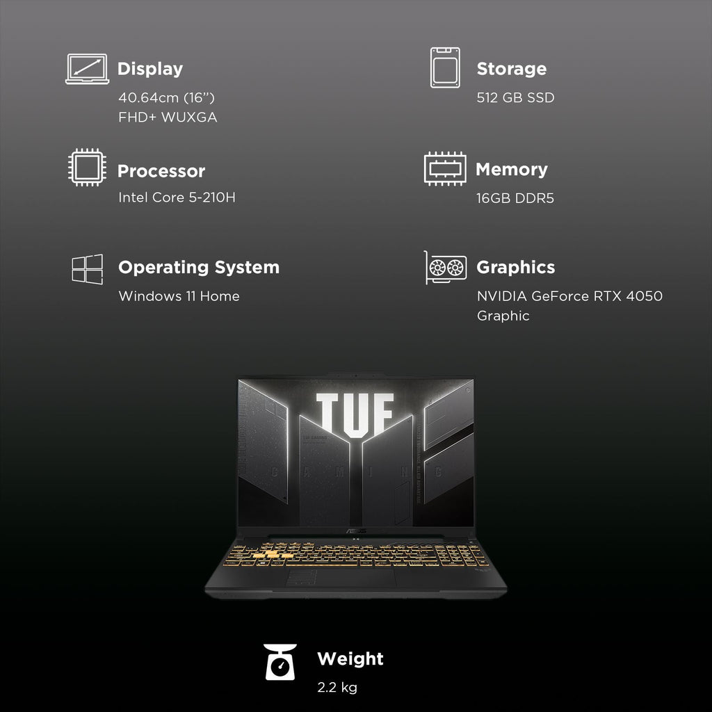 ASUS TUF F16 FX677VU-RL055WS Intel Core 5 Gaming Laptop (16GB, 512GB SSD, Windows 11 Home, 6GB Graphics, 16 inch 144 Hz FHD+ WUXGA Display, NVIDIA GeForce RTX 4050, MS Office Home 2024, Mecha Gray, 2.20 KG)