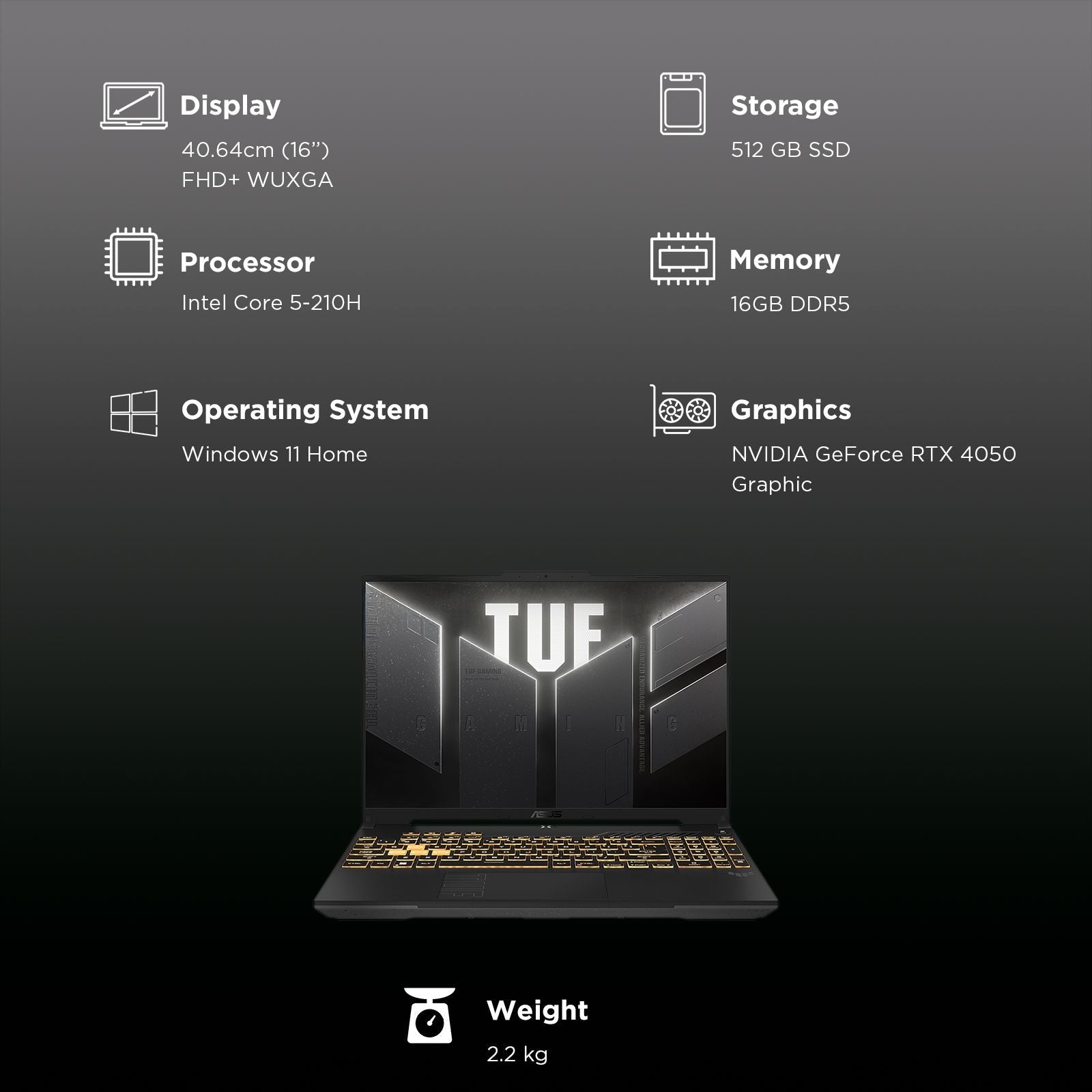 ASUS TUF F16 FX677VU-RL055WS Intel Core 5 Gaming Laptop (16GB, 512GB SSD, Windows 11 Home, 6GB Graphics, 16 inch 144 Hz FHD+ WUXGA Display, NVIDIA GeForce RTX 4050, MS Office Home 2024, Mecha Gray, 2.20 KG)