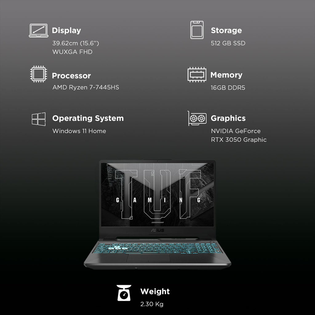 ASUS TUF FA506NCG-HN200WS AMD Ryzen 7 Gaming Laptop (16GB, 512GB SSD, Windows 11 Home, 4GB Graphics, 15.6 inch 144 Hz WUXGA Full HD Display, NVIDIA GeForce RTX 3050, MS Office Home 2024, Graphite Black, 2.3 KG)