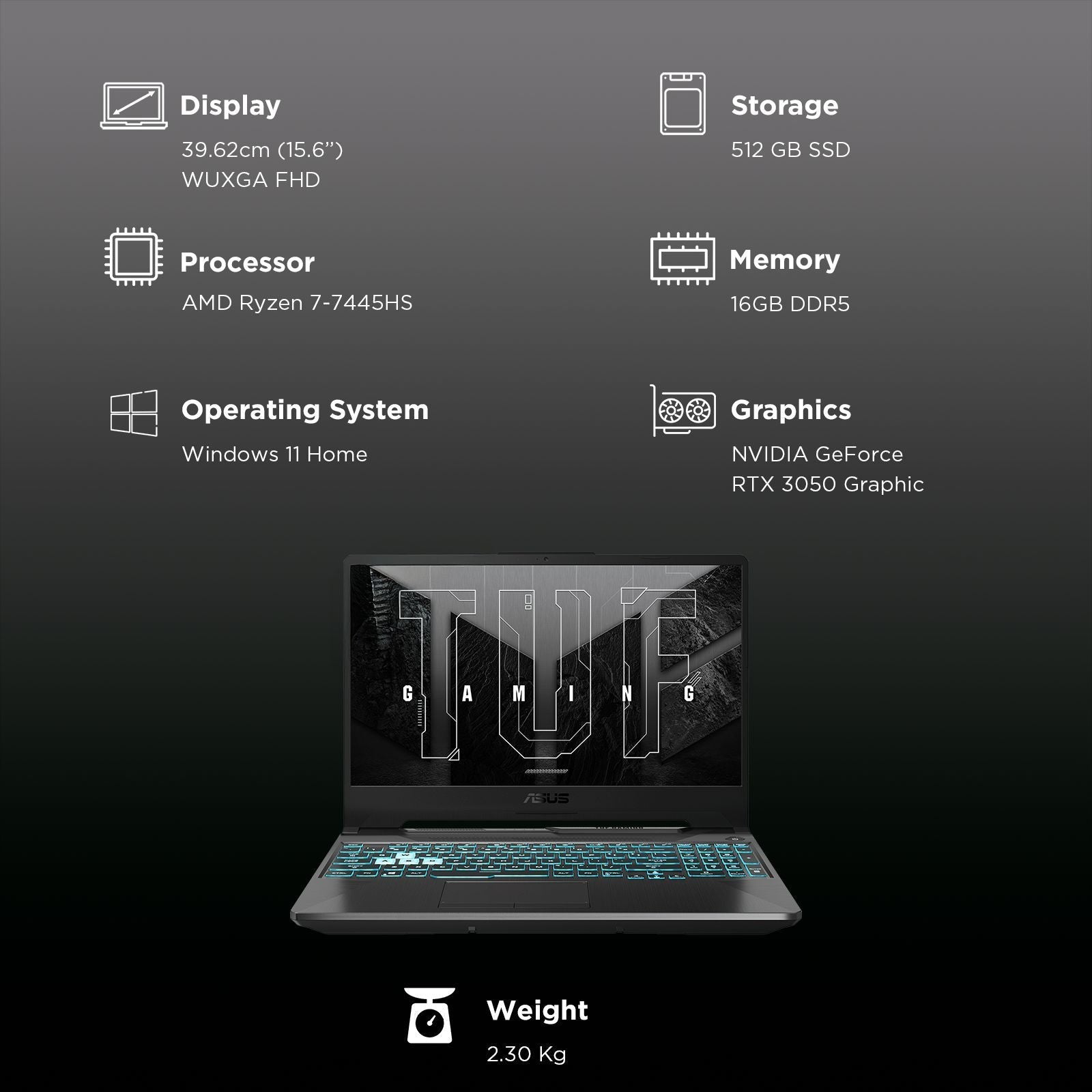 ASUS TUF FA506NCG-HN200WS AMD Ryzen 7 Gaming Laptop (16GB, 512GB SSD, Windows 11 Home, 4GB Graphics, 15.6 inch 144 Hz WUXGA Full HD Display, NVIDIA GeForce RTX 3050, MS Office Home 2024, Graphite Black, 2.3 KG)