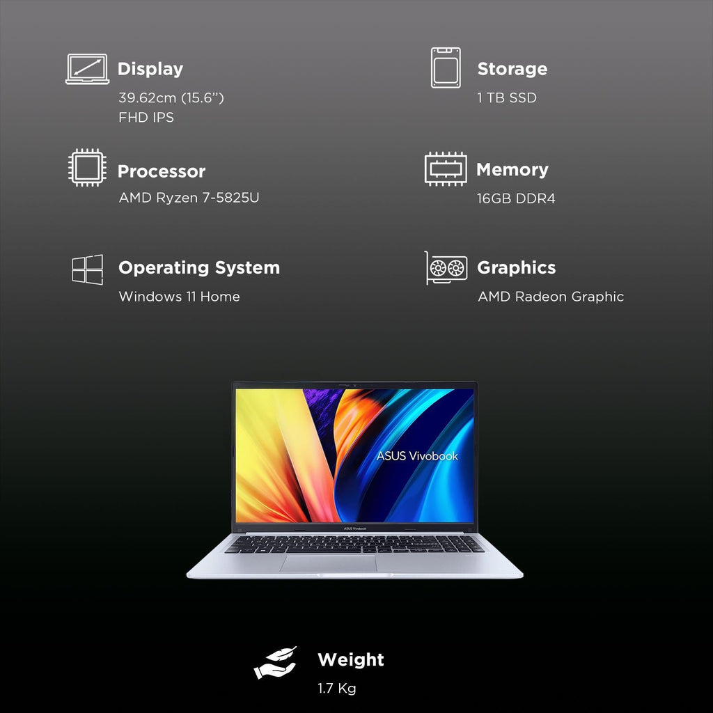 ASUS Vivobook 15 M1502YA-BQ712WS AMD Ryzen 7 5825U Laptop (16GB, 1TB SSD, Windows 11 Home, 15.6 inch Full HD IPS Display, MS Office Home 2024, Cool Silver, 1.7 KG)