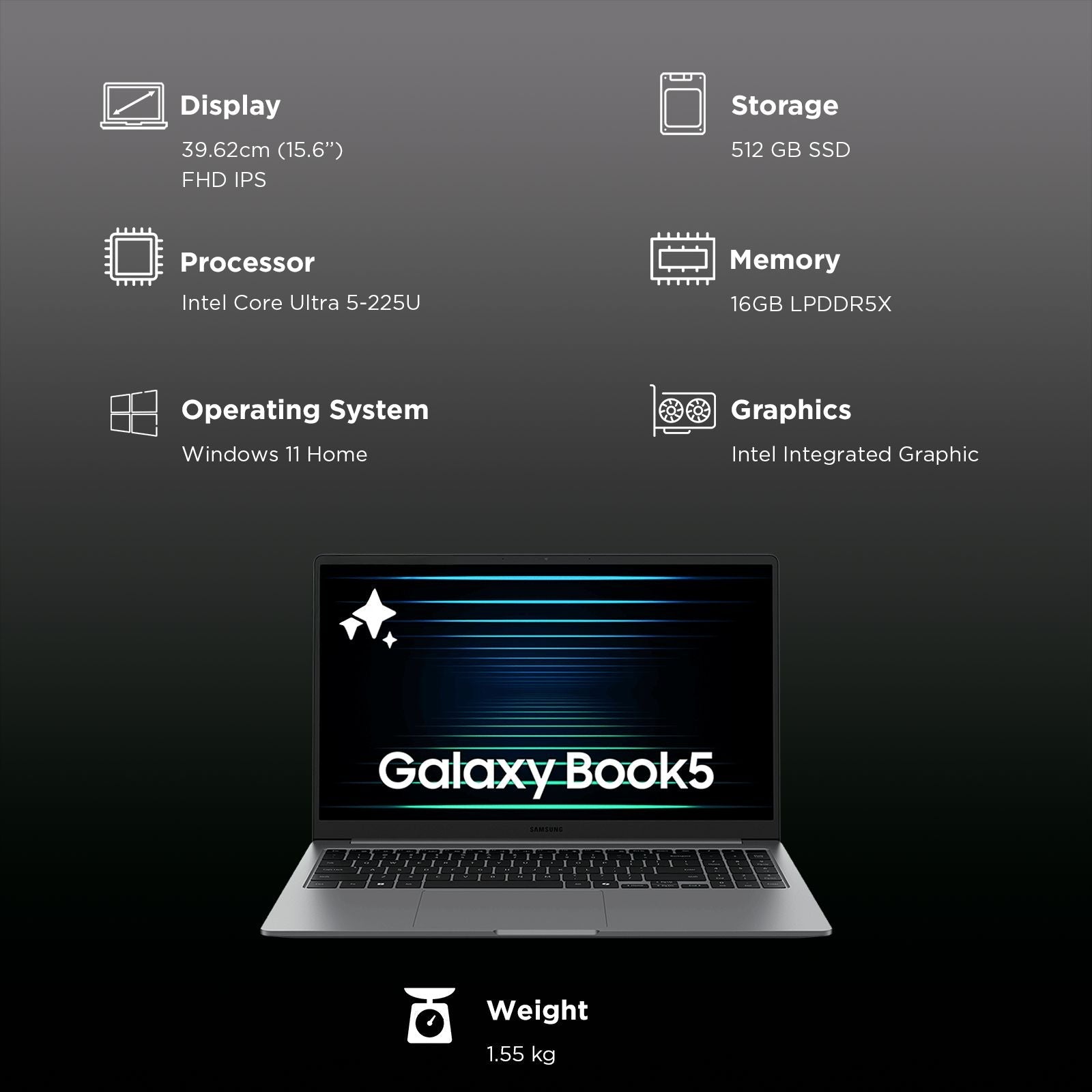 SAMSUNG Galaxy Book5 Intel Core Ultra 5 Thin & Light Laptop (16GB, 512GB SSD, Windows 11 Home, 15.6 inch Full HD IPS Display, MS Office Home 2024, Gray, 1.55 KG)