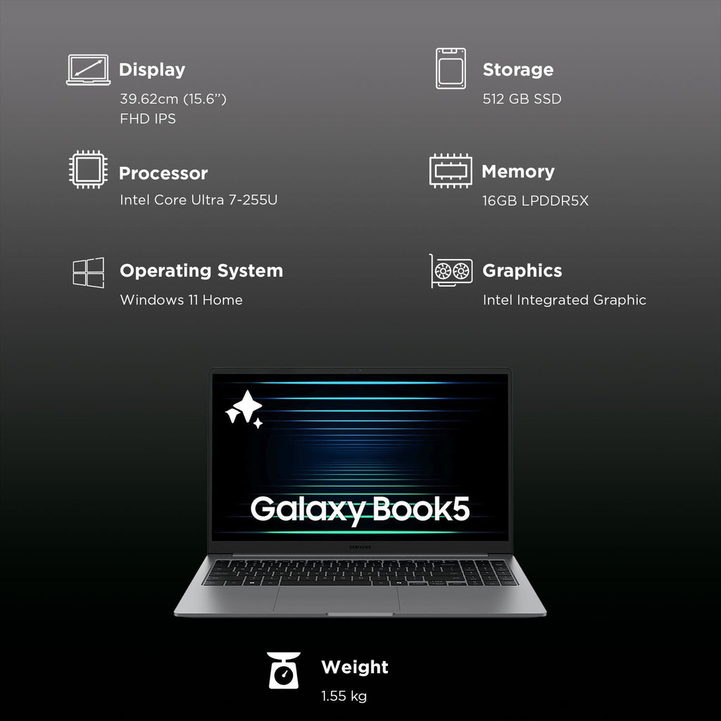 SAMSUNG Galaxy Book5 Intel Core Ultra 7 Thin & Light Laptop (16GB, 512GB SSD, Windows 11 Home, 15.6 inch Full HD IPS Display, MS Office Home 2024, Gray, 1.55 KG)