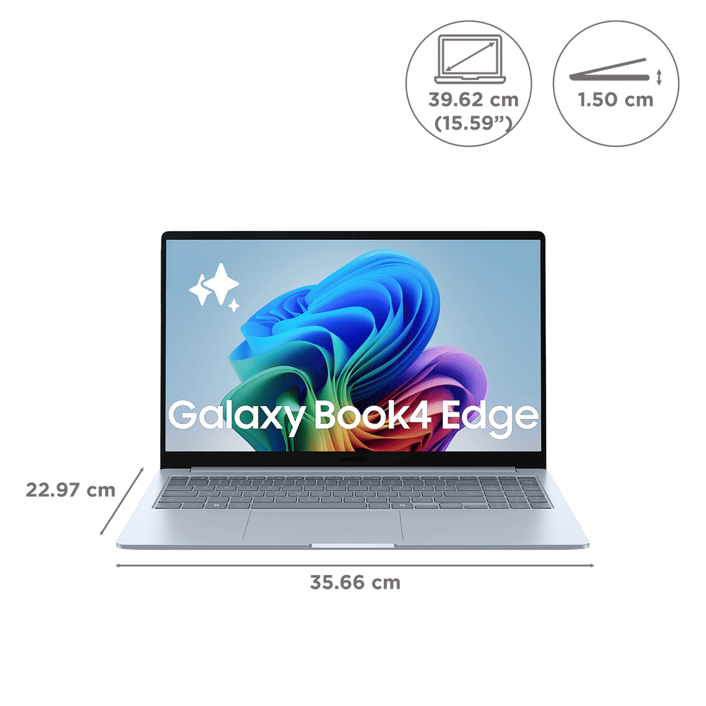 SAMSUNG Galaxy Book4 Edge Qualcomm Snapdragon X Thin & Light Laptop (16GB, 512GB eUFS, Windows 11 Home, 15.59 inch Full HD IPS Display, MS Office Home & Student 2024, Sapphire Blue, 1.5 KG)