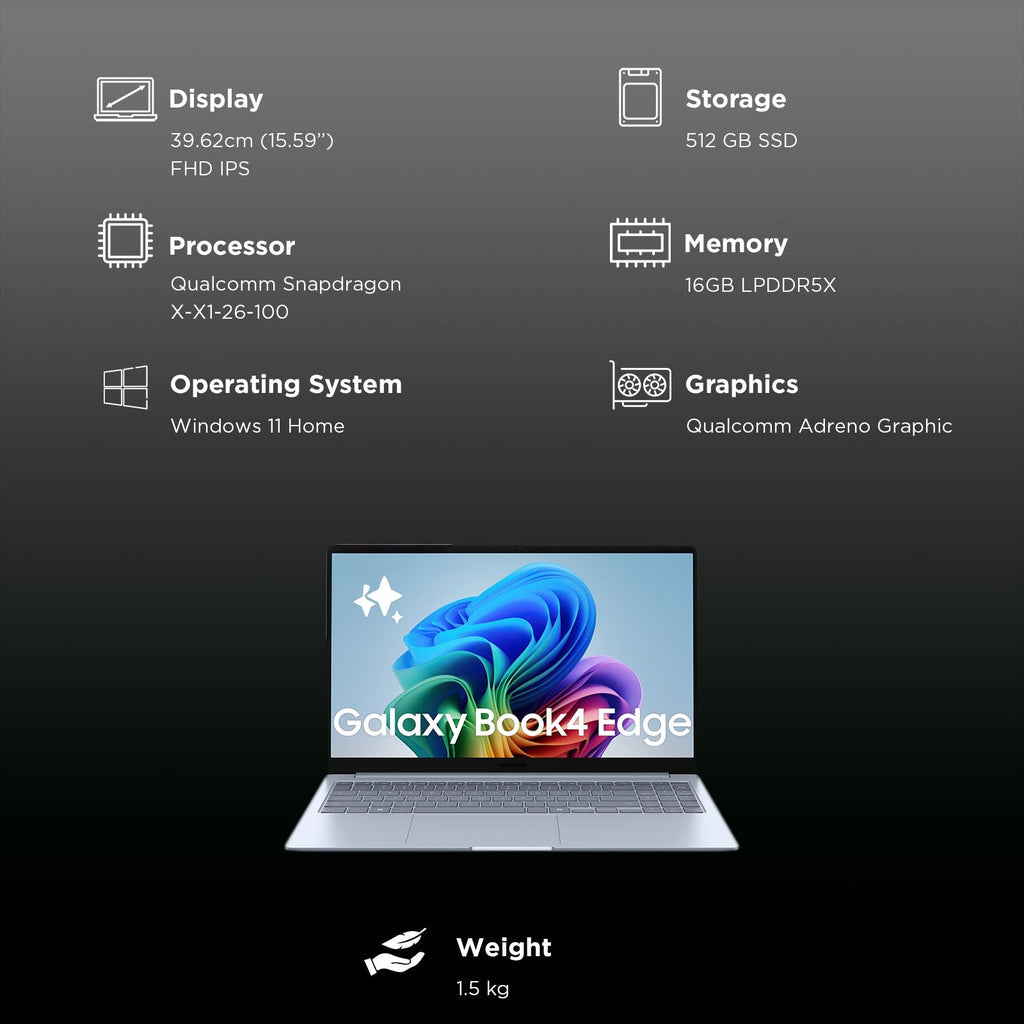 SAMSUNG Galaxy Book4 Edge Qualcomm Snapdragon X Thin & Light Laptop (16GB, 512GB eUFS, Windows 11 Home, 15.59 inch Full HD IPS Display, MS Office Home & Student 2024, Sapphire Blue, 1.5 KG)