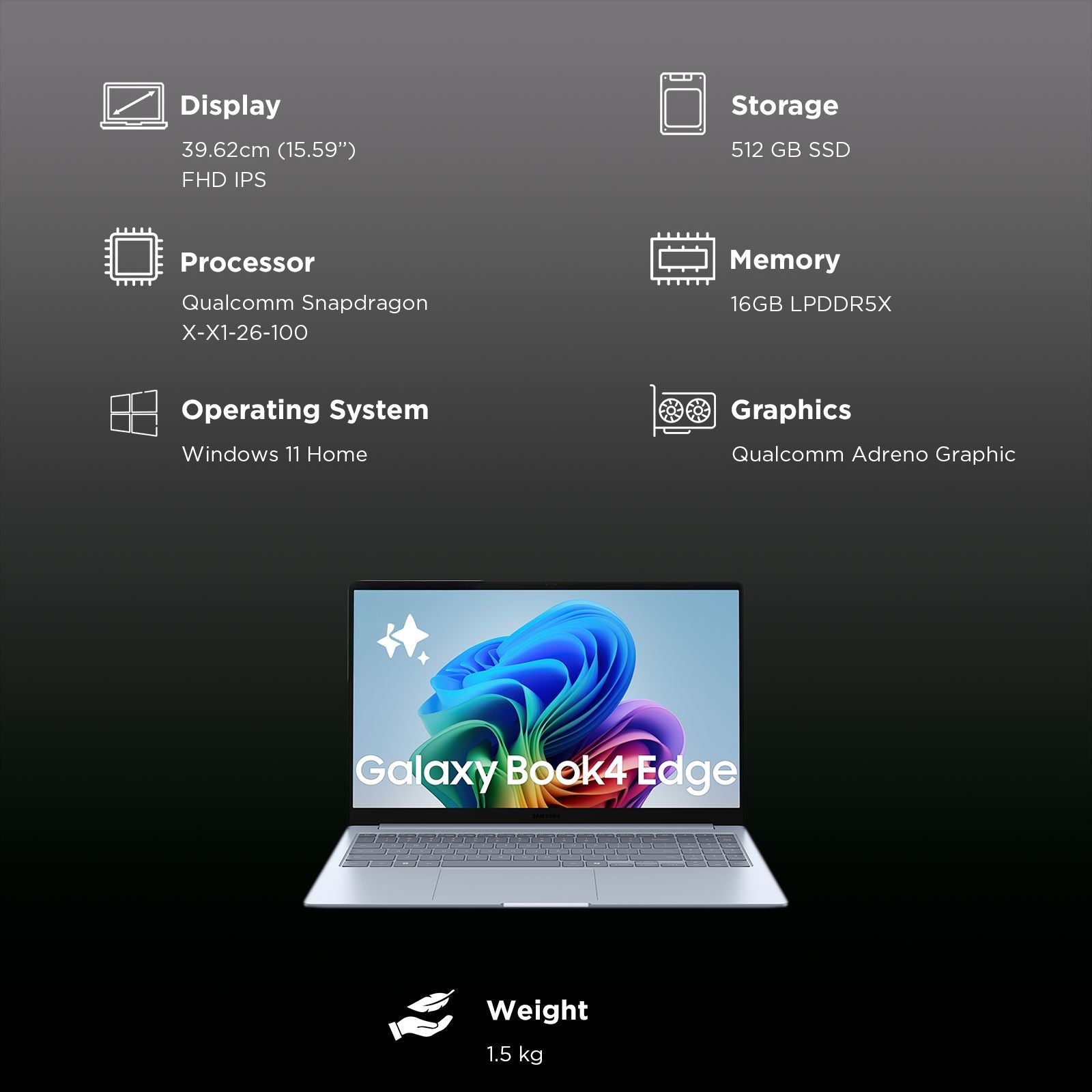 SAMSUNG Galaxy Book4 Edge Qualcomm Snapdragon X Thin & Light Laptop (16GB, 512GB eUFS, Windows 11 Home, 15.59 inch Full HD IPS Display, MS Office Home & Student 2024, Sapphire Blue, 1.5 KG)