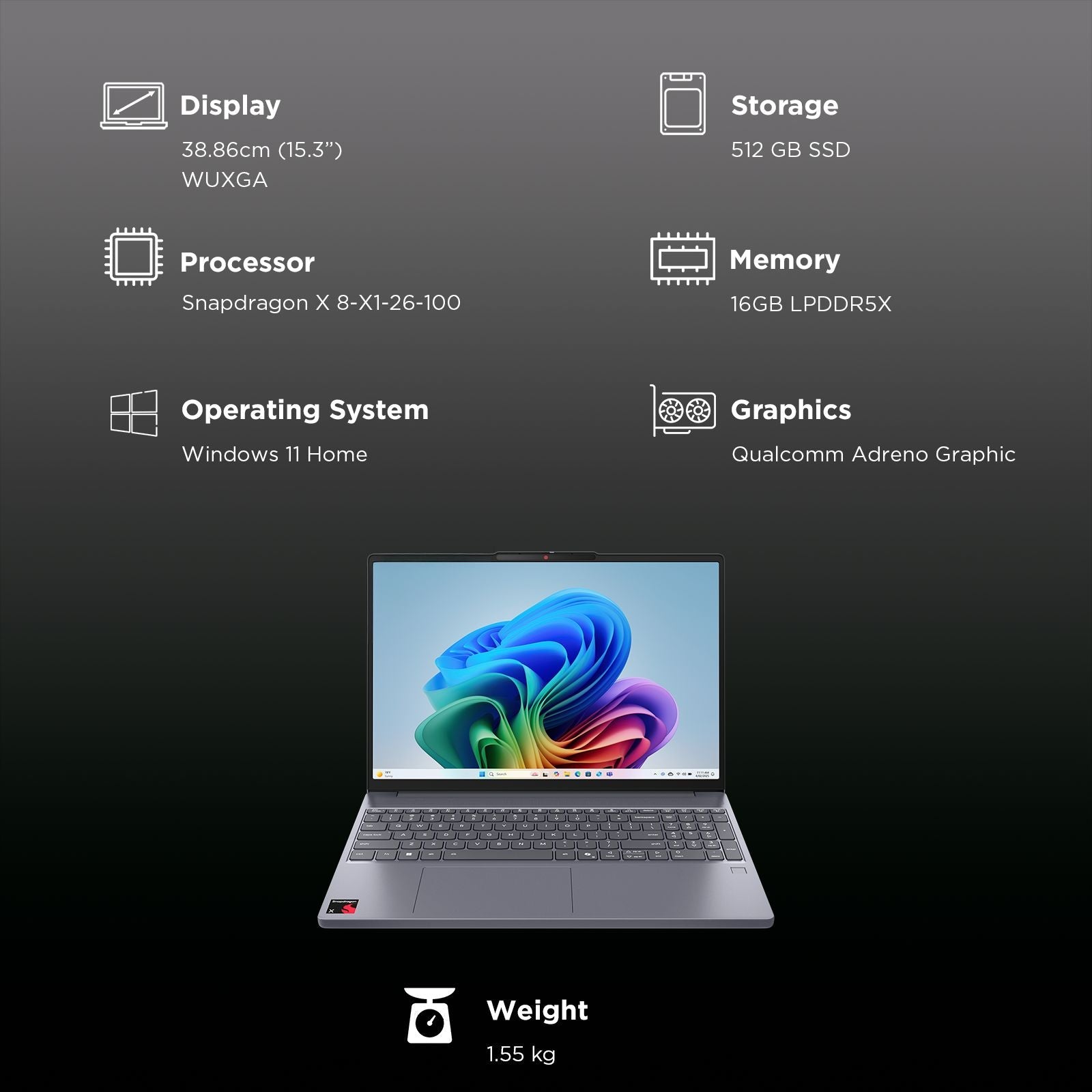 Lenovo IdeaPad Slim 3 15Q8X10 Qualcomm Snapdragon X Thin & Light Laptop (16GB, 512GB SSD, Windows 11 Home, 15.3 inch WUXGA Display, MS Office Home 2024, Luna Grey, 1.55 KG)