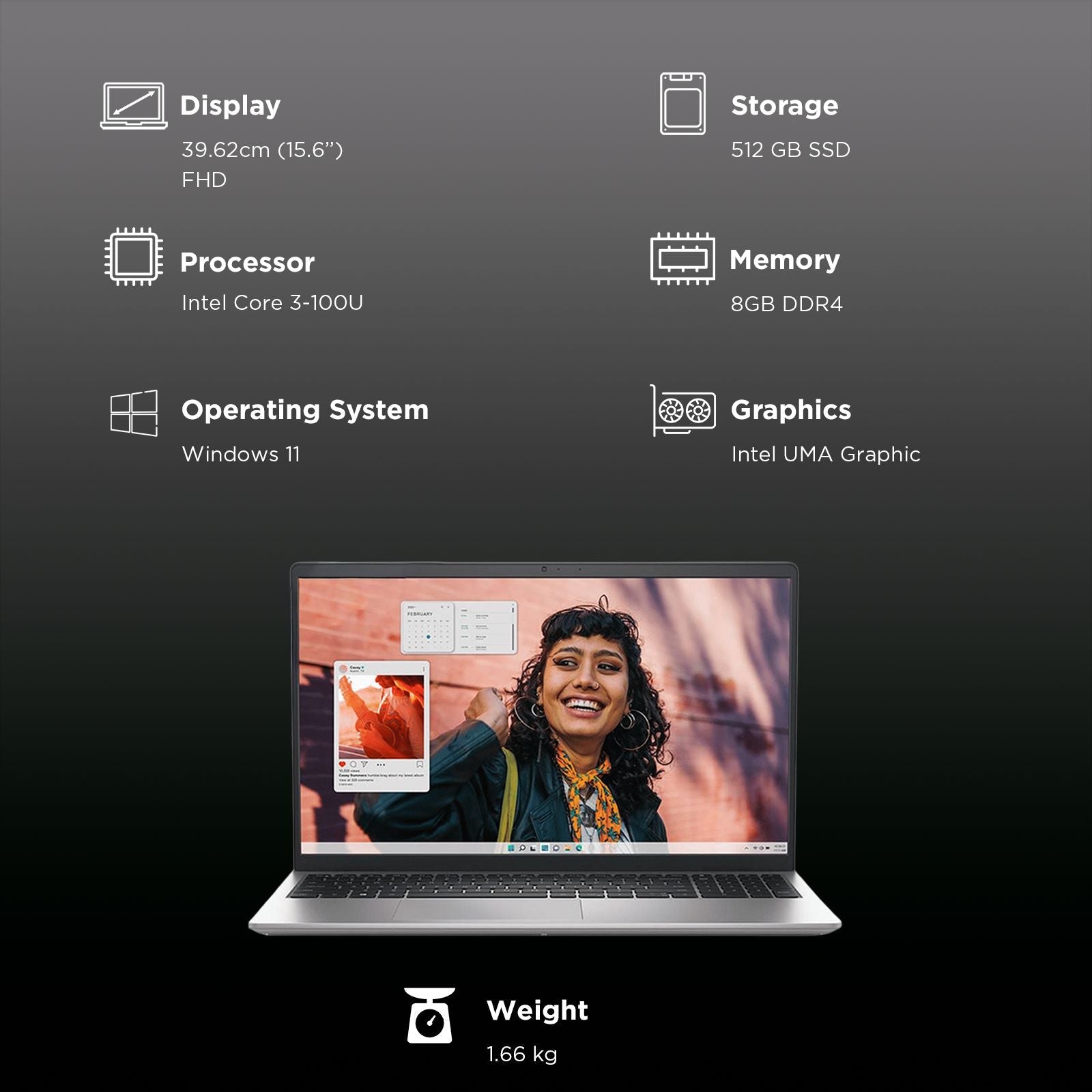 DELL DC 15250 Intel Core 3 Thin & Light Laptop (8GB, 512GB SSD, Windows 11, 15.6 inch Full HD Display, MS Office Home 2024, Platinum Silver, 1.66 KG)