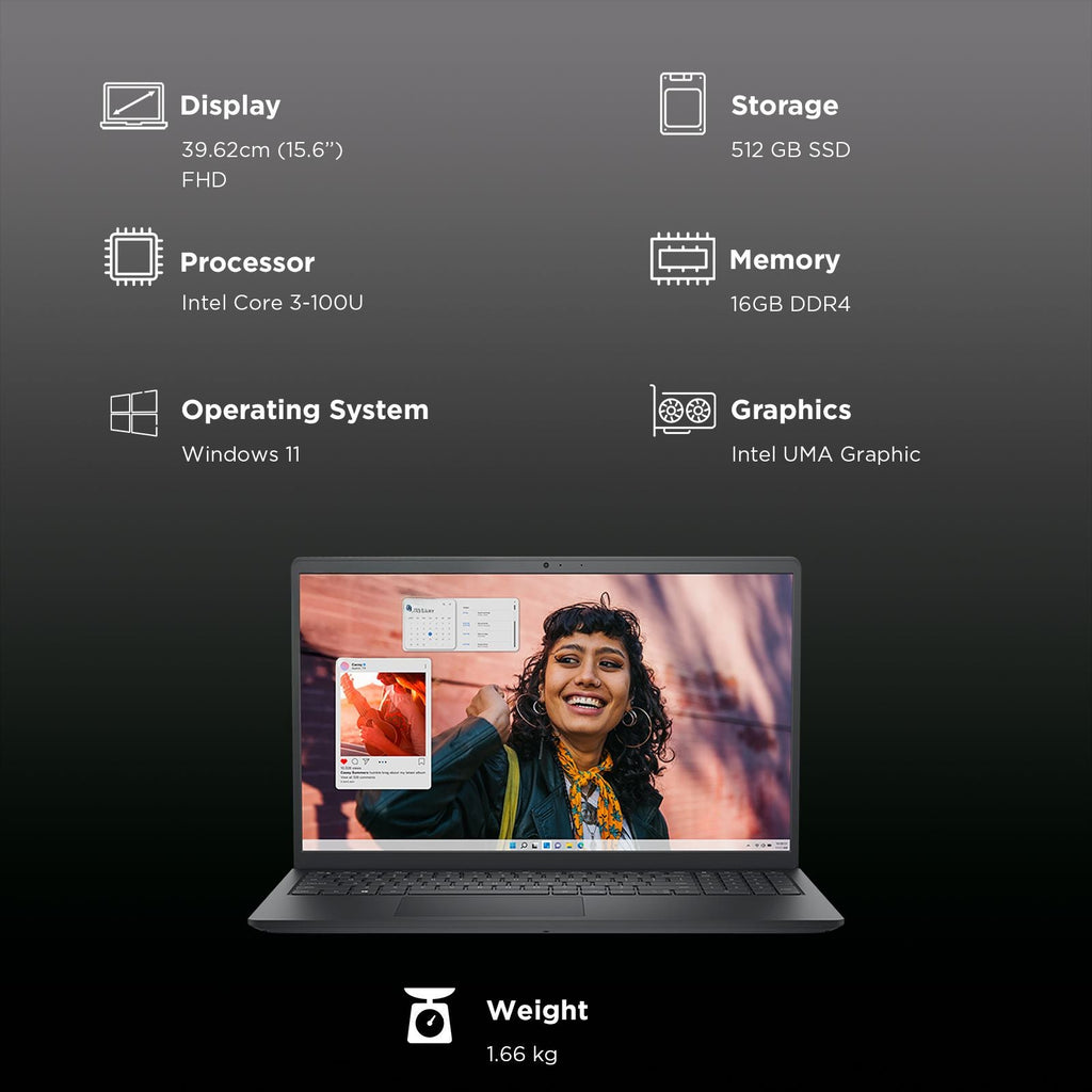 DELL DC 15250 Intel Core 3 Thin & Light Laptop (16GB, 512GB SSD, Windows 11, 15.6 inch Full HD Display, MS Office Home 2024, Carbon Black, 1.66 KG)