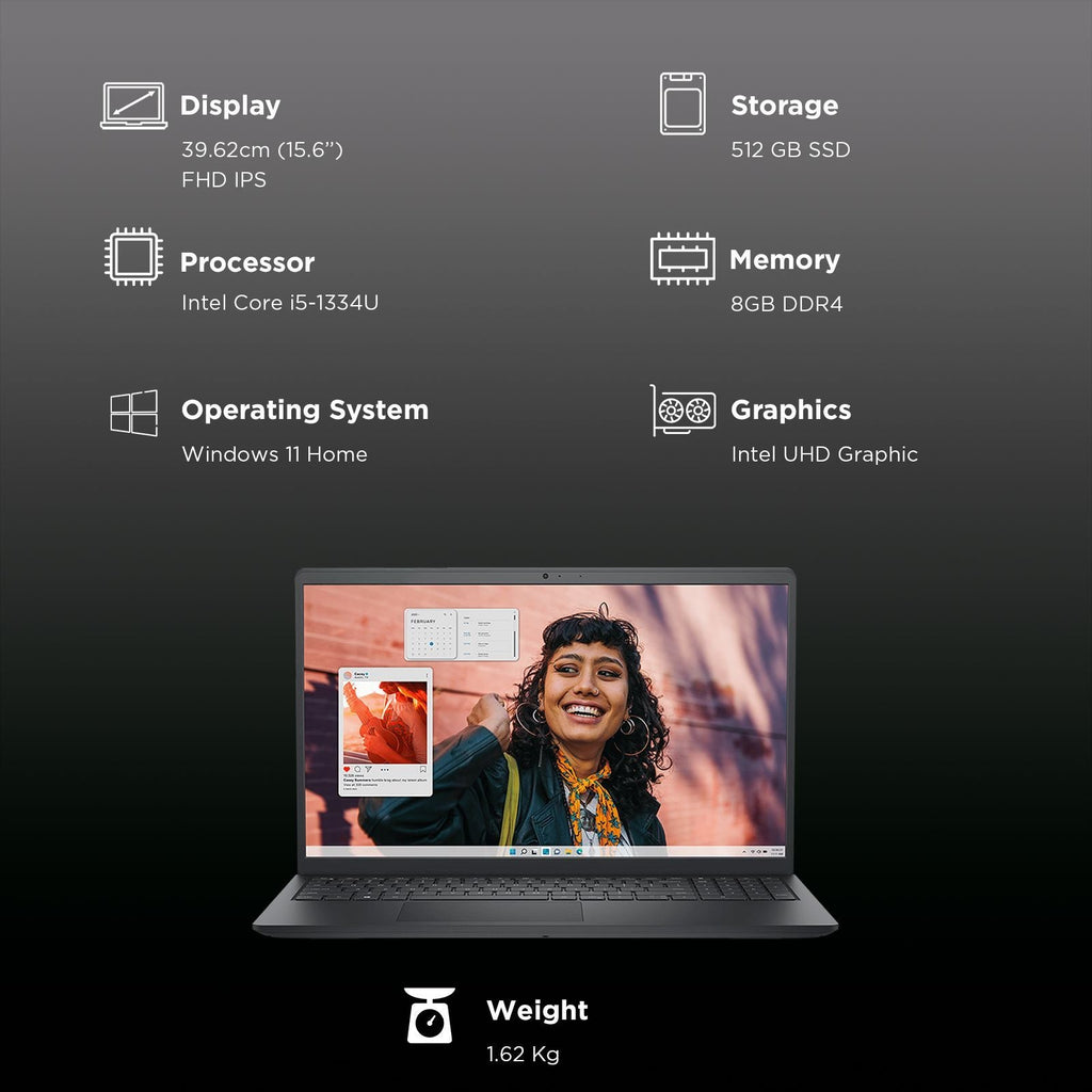 DELL Inspiron 15 Intel Core i5 13th Gen Thin & Light Laptop (8GB, 512GB SSD, Windows 11 Home, 15.6 inch Full HD IPS Display, MS Office Home, Carbon Black, 1.62 KG)