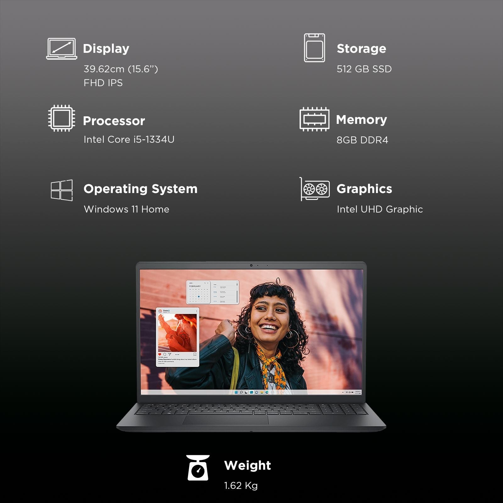 DELL Inspiron 15 Intel Core i5 13th Gen Thin & Light Laptop (8GB, 512GB SSD, Windows 11 Home, 15.6 inch Full HD IPS Display, MS Office Home, Carbon Black, 1.62 KG)