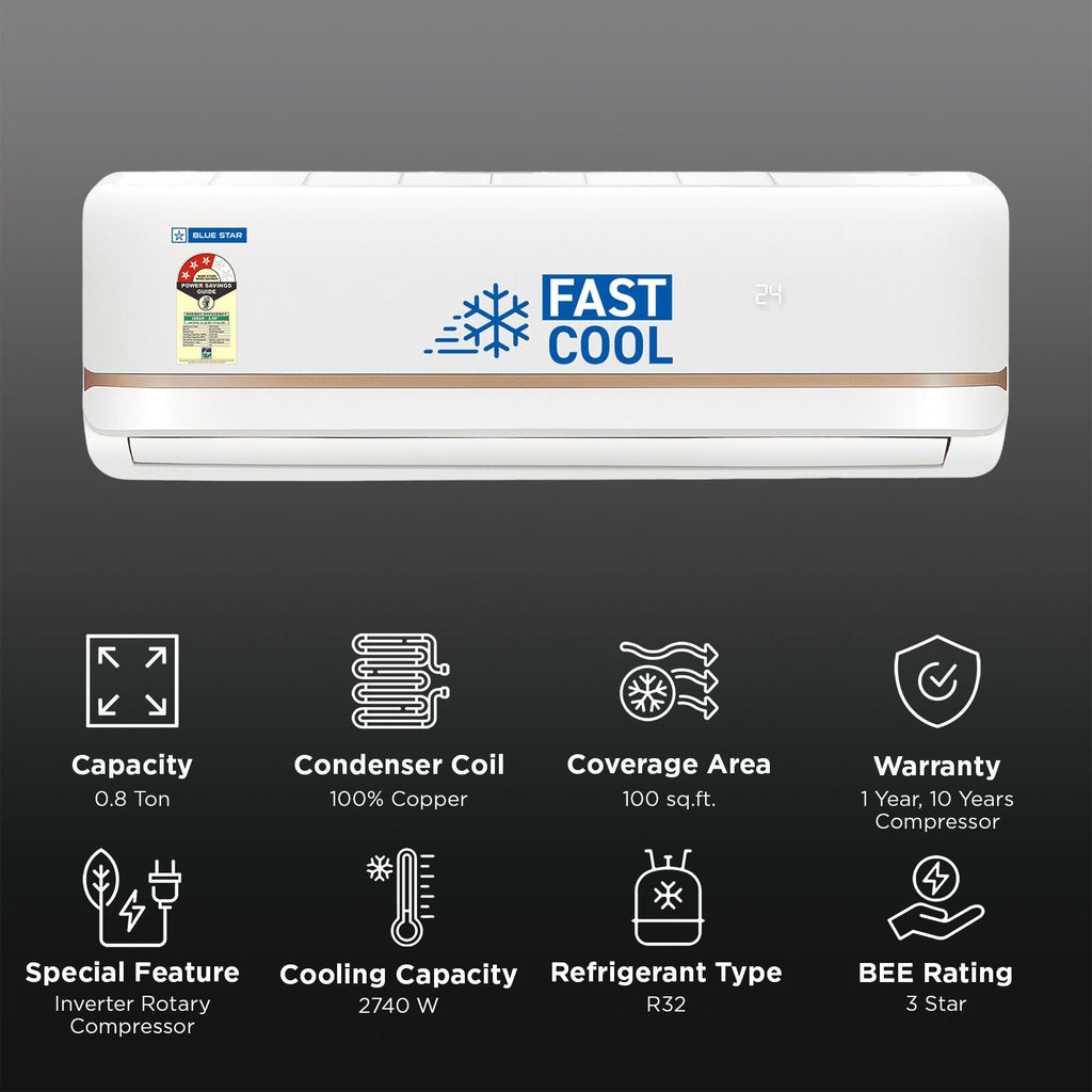 Blue Star T Series 5 in 1 Convertible 0.8 Ton 3 Star Inverter Split Smart AC with DigiQ Hepta Sensors (2025 Model, Copper Condenser, IA309TNU)