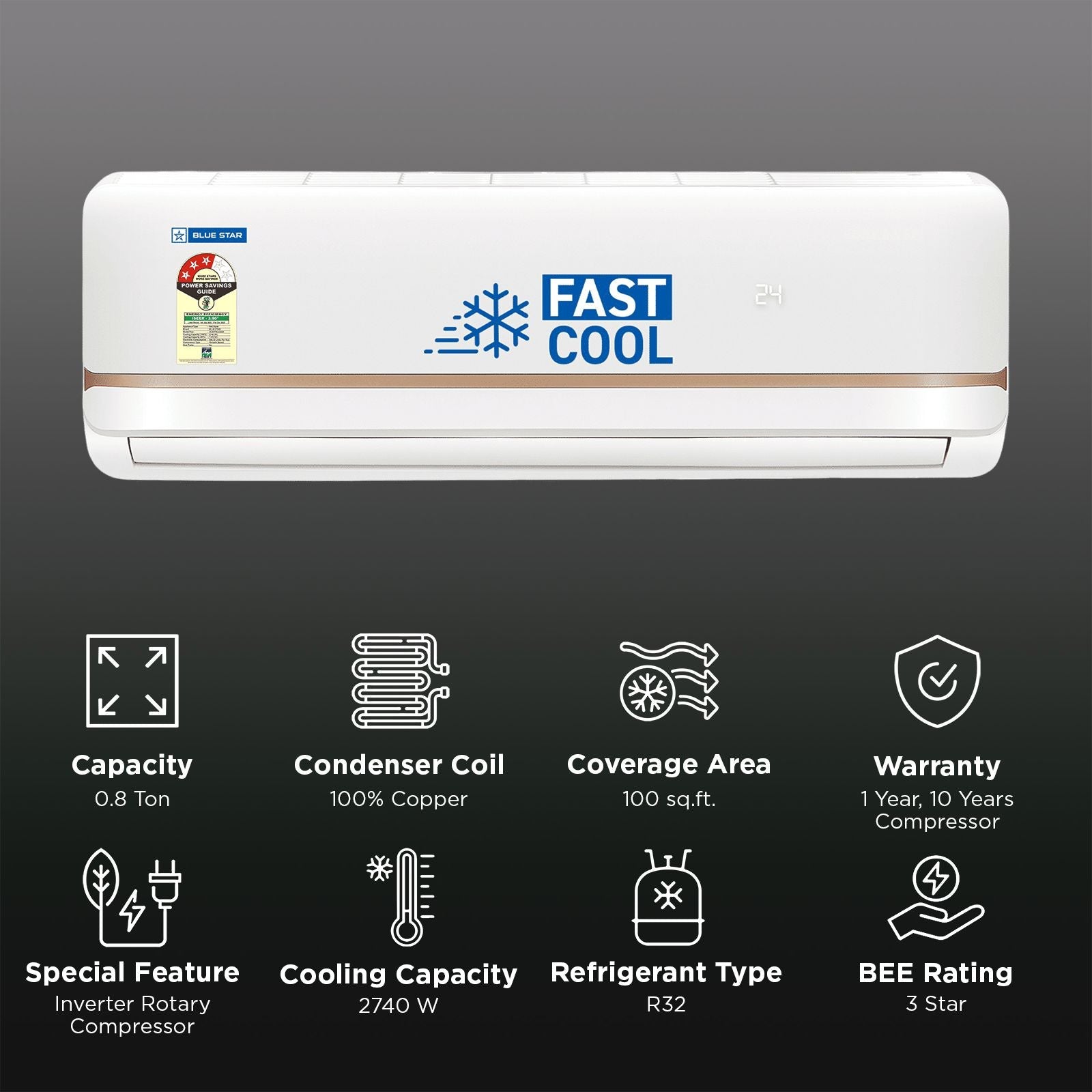 Blue Star T Series 5 in 1 Convertible 0.8 Ton 3 Star Inverter Split Smart AC with DigiQ Hepta Sensors (2025 Model, Copper Condenser, IA309TNU)