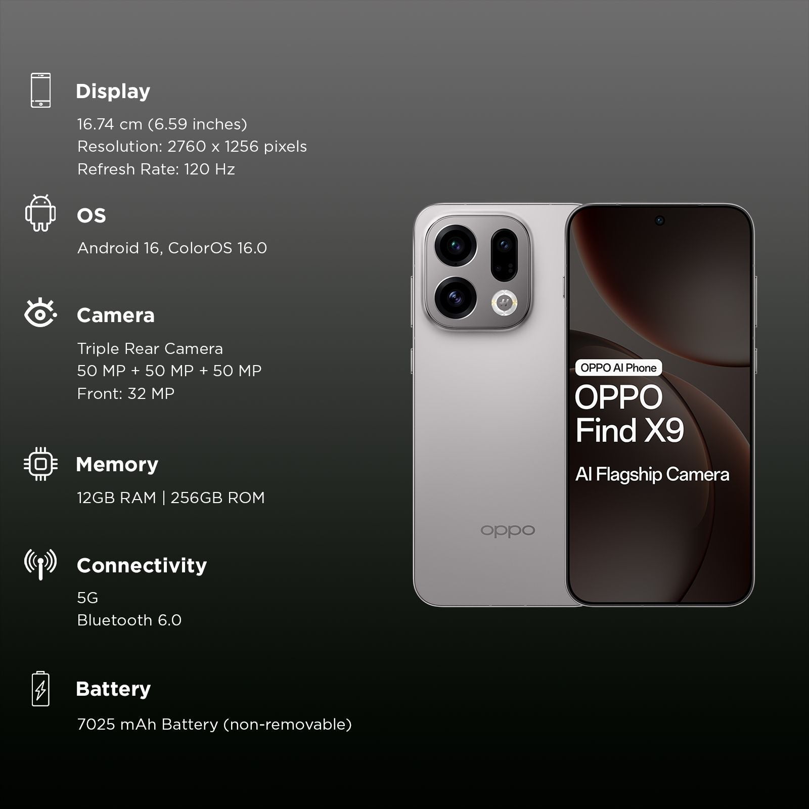 oppo Find X9 5G (12GB RAM, 256GB, Titanium Grey)
