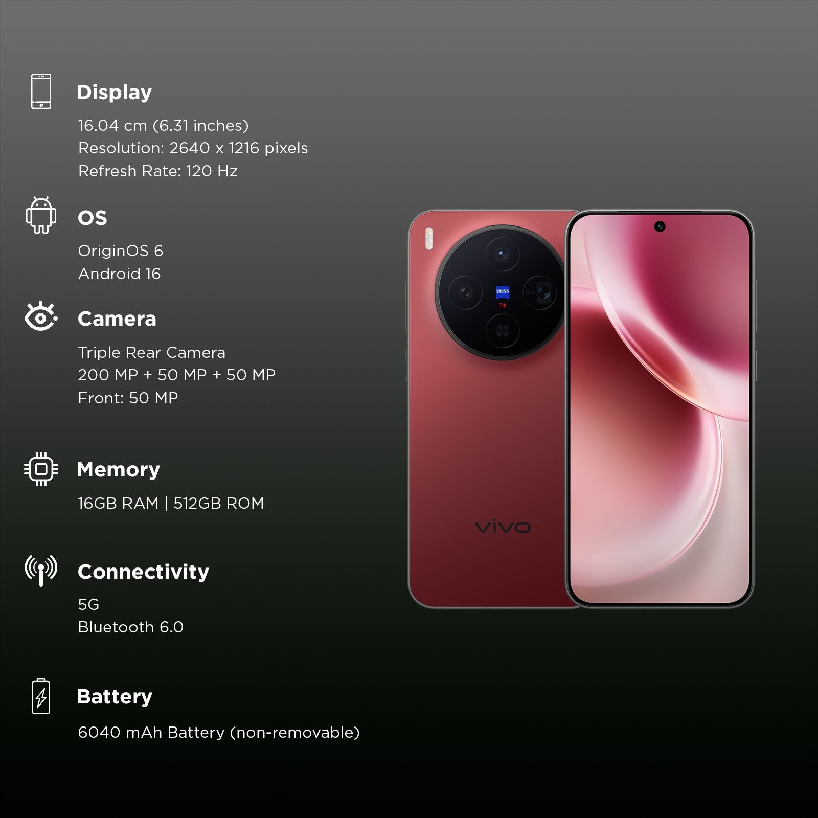 vivo X300 5G (16GB RAM, 512GB, Summit Red)