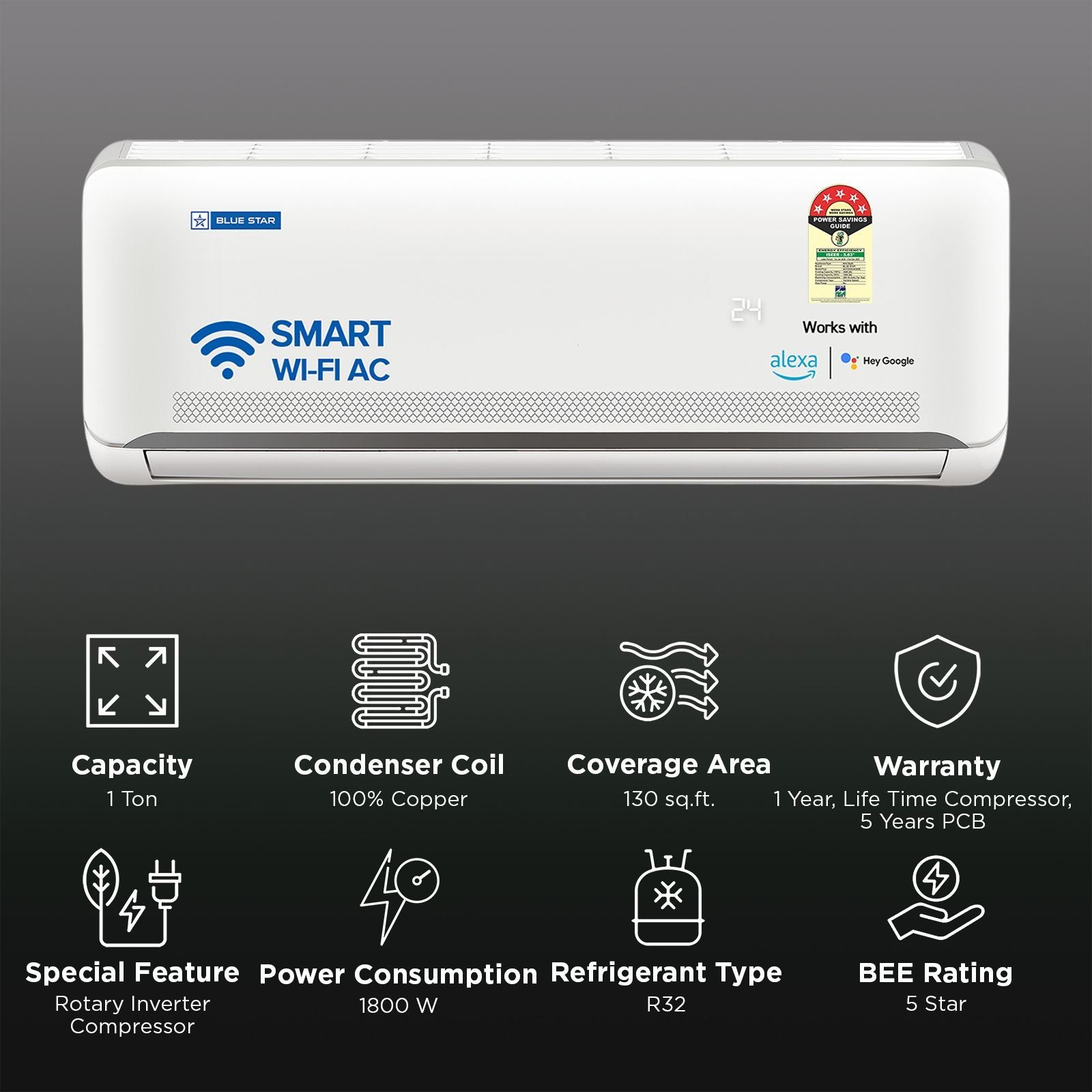 Blue Star N Series Convertible 1 Ton 5 Star Inverter Split Smart AC with Voice Command Technology (2026 Model, Copper Condenser, IA512NXUS)