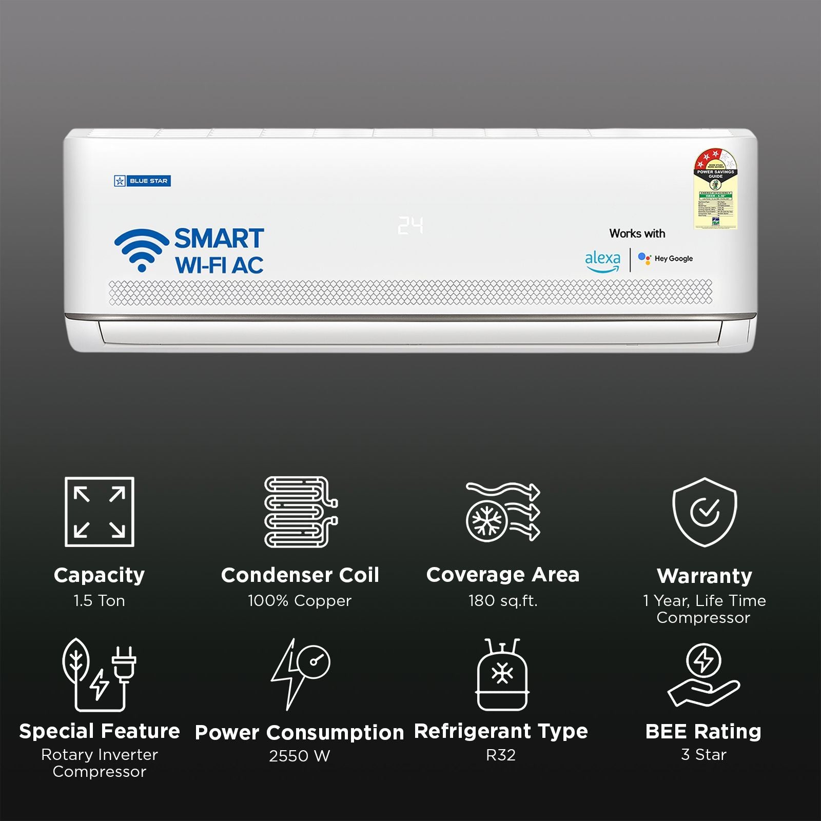 Blue Star M Series 5 in 1 Convertible 1.5 Ton 3 Star Inverter Split Smart AC with Voice Command Technology (2026 Model, Copper Condenser, IA318MXUS)