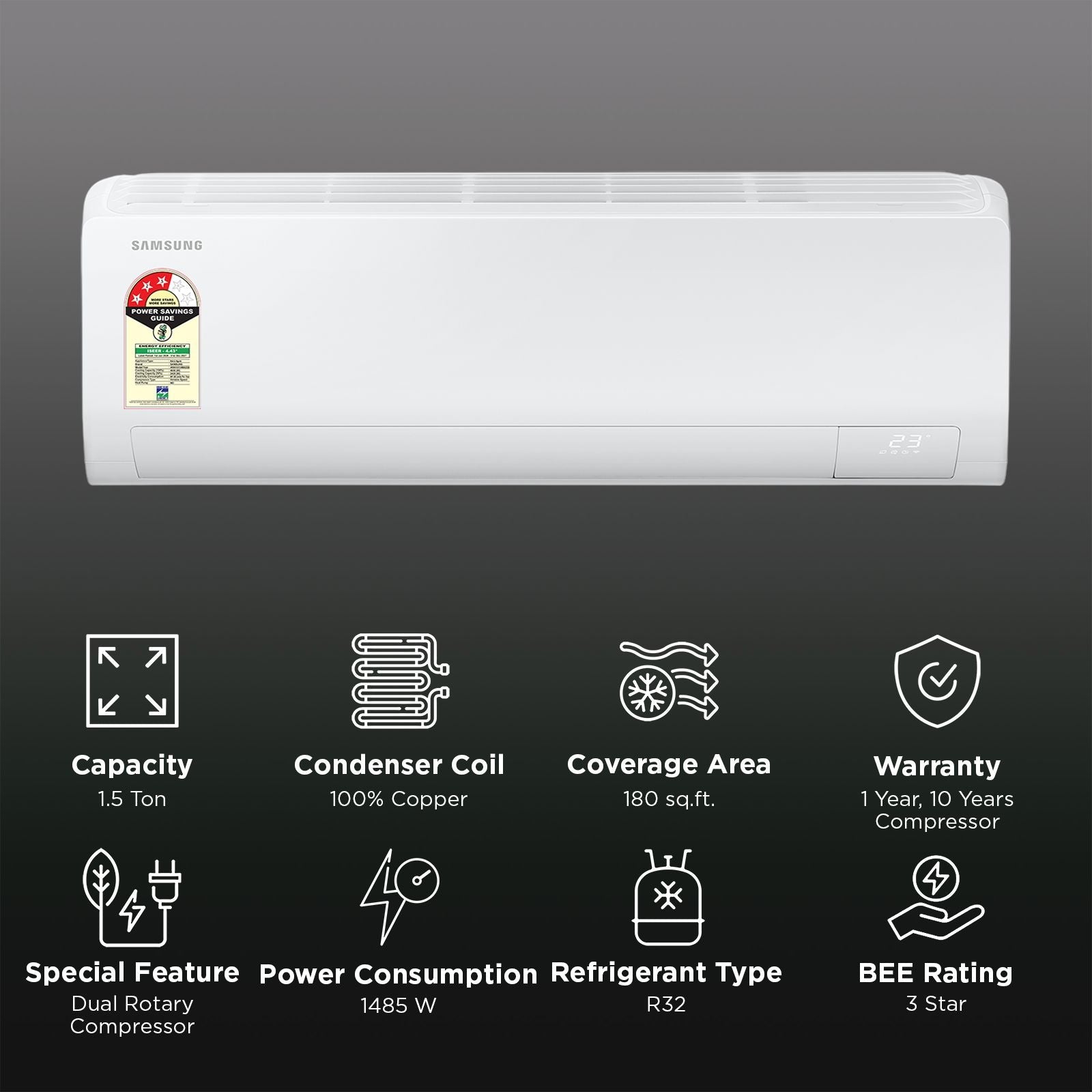 SAMSUNG AR50 5 in 1 Convertible 1.5 Ton 3 Star Inverter Split Smart AC with Bespoke AI (2026 Model, Copper Condenser, AR50H18D13HNNA)