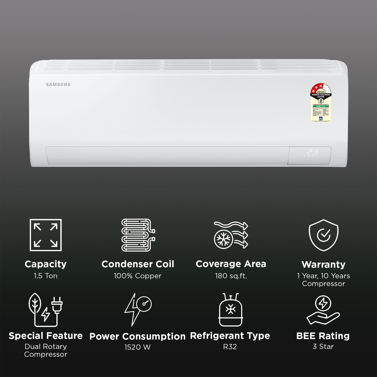 SAMSUNG 5 in 1 Convertible 1.5 Ton 3 Star Inverter Split Smart AC with Bespoke AI (2026 Model, Copper Condenser, AR50H19D1XHNNA)
