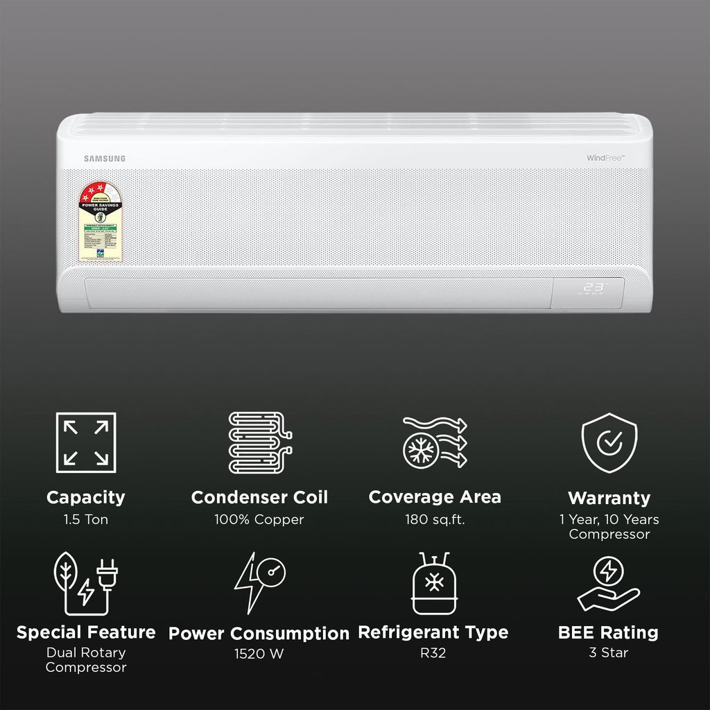 SAMSUNG AR60 5 in 1 Convertible 1.5 Ton 3 Star Inverter Split Smart AC with Voice Assistant (2026 Model, Copper Condenser, AR60H19D13WNNA)