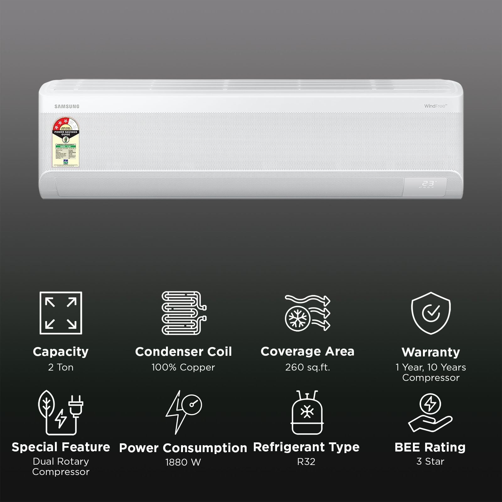 SAMSUNG AR60 5 in 1 Convertible 2 Ton 3 Star Inverter Split Smart AC with WindFree Cooling (2026 Model, Copper Condenser, AR60H24D13W)