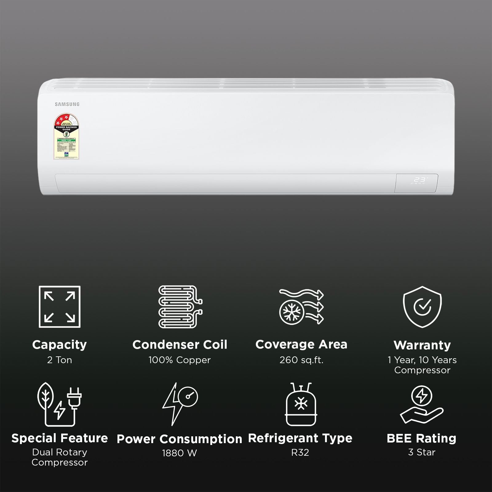 SAMSUNG AR50 5 in 1 Convertible 2 Ton 3 Star Inverter Split Smart AC with 4 Way Swing (2026 Model, Copper Condenser, AR50H24D1XH)
