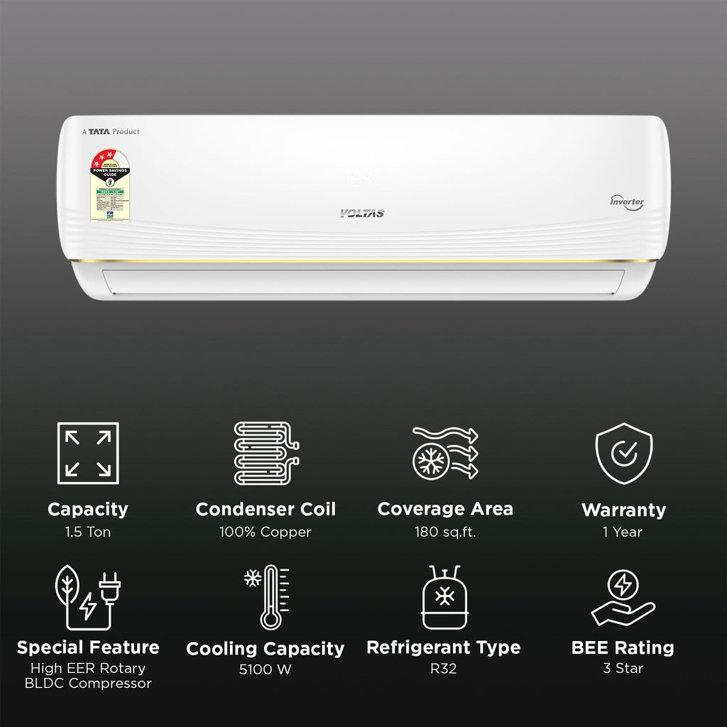 VOLTAS 183INV VERTIS AI ZEST GOLD Convertible 1.5 Ton 3 Star Inverter Split AC with Hidden Display (2026 Model, Copper Condenser, 4504075)