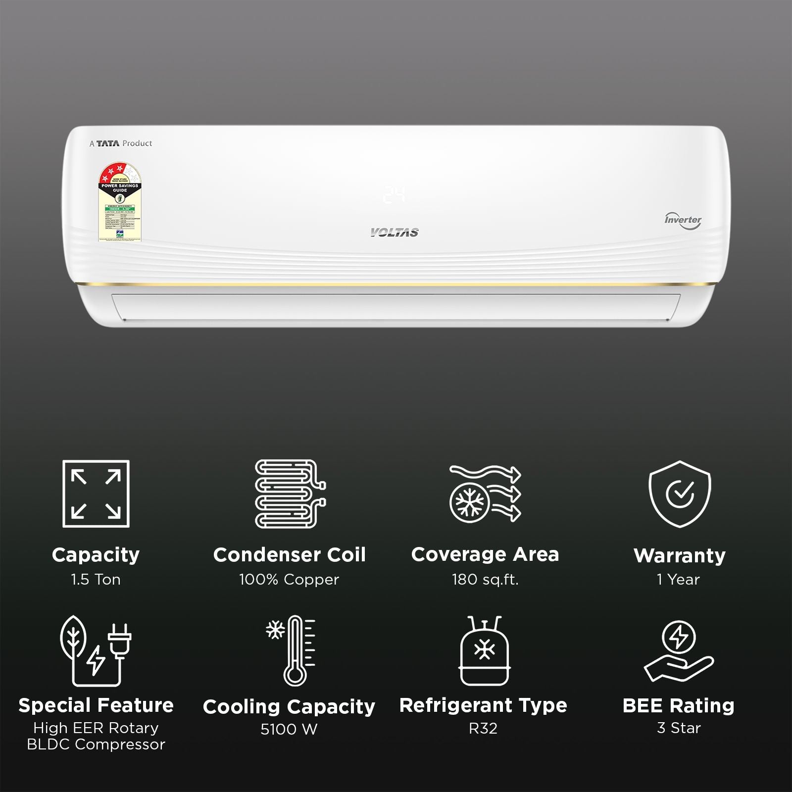 VOLTAS 183INV VERTIS AI ZEST GOLD Convertible 1.5 Ton 3 Star Inverter Split AC with Hidden Display (2026 Model, Copper Condenser, 4504075)