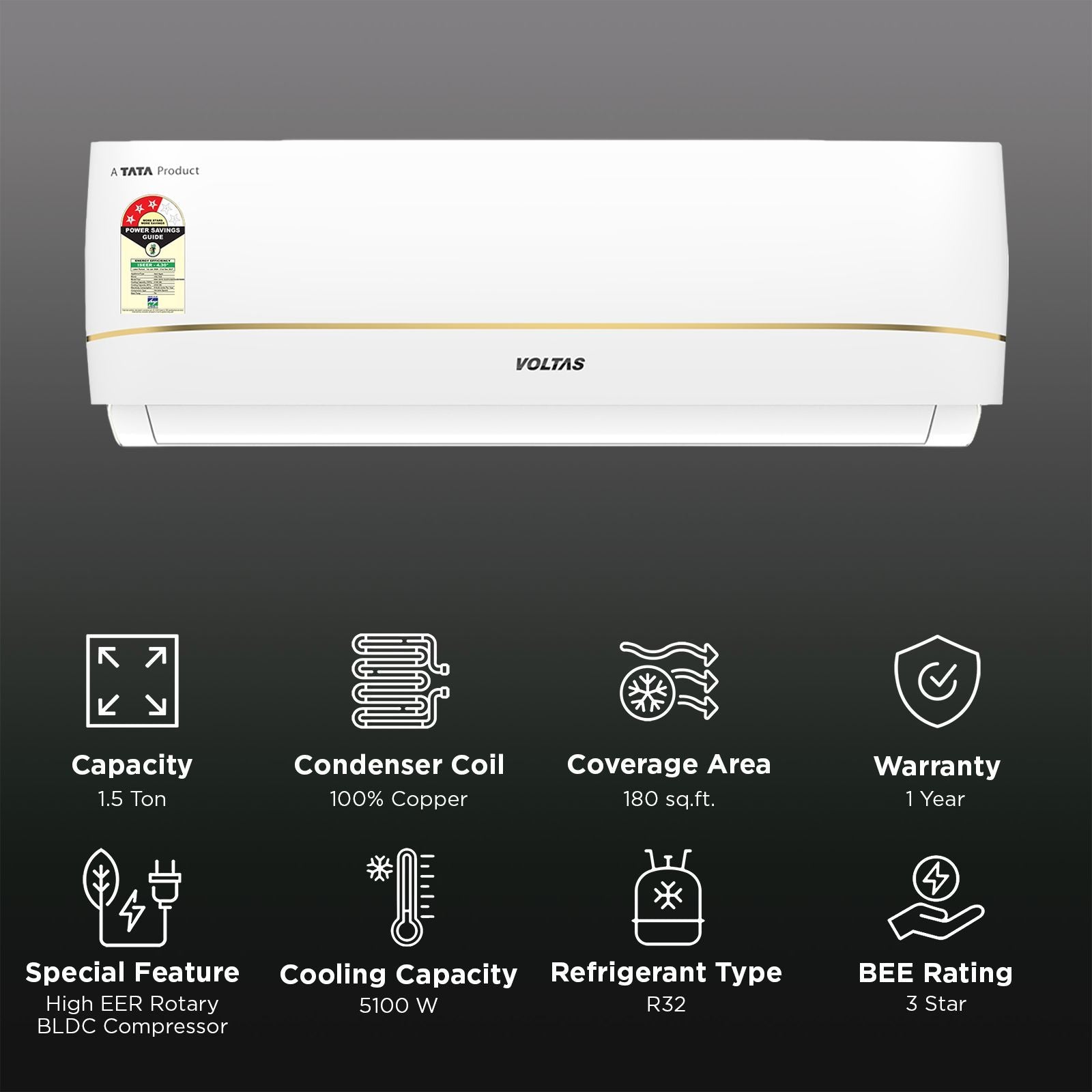 VOLTAS 183INV VERTIS CELESTIA MARVEL Convertible 1.5 Ton 3 Star Inverter Split AC with Hidden Display (2026 Model, Copper Condenser, 4504152)