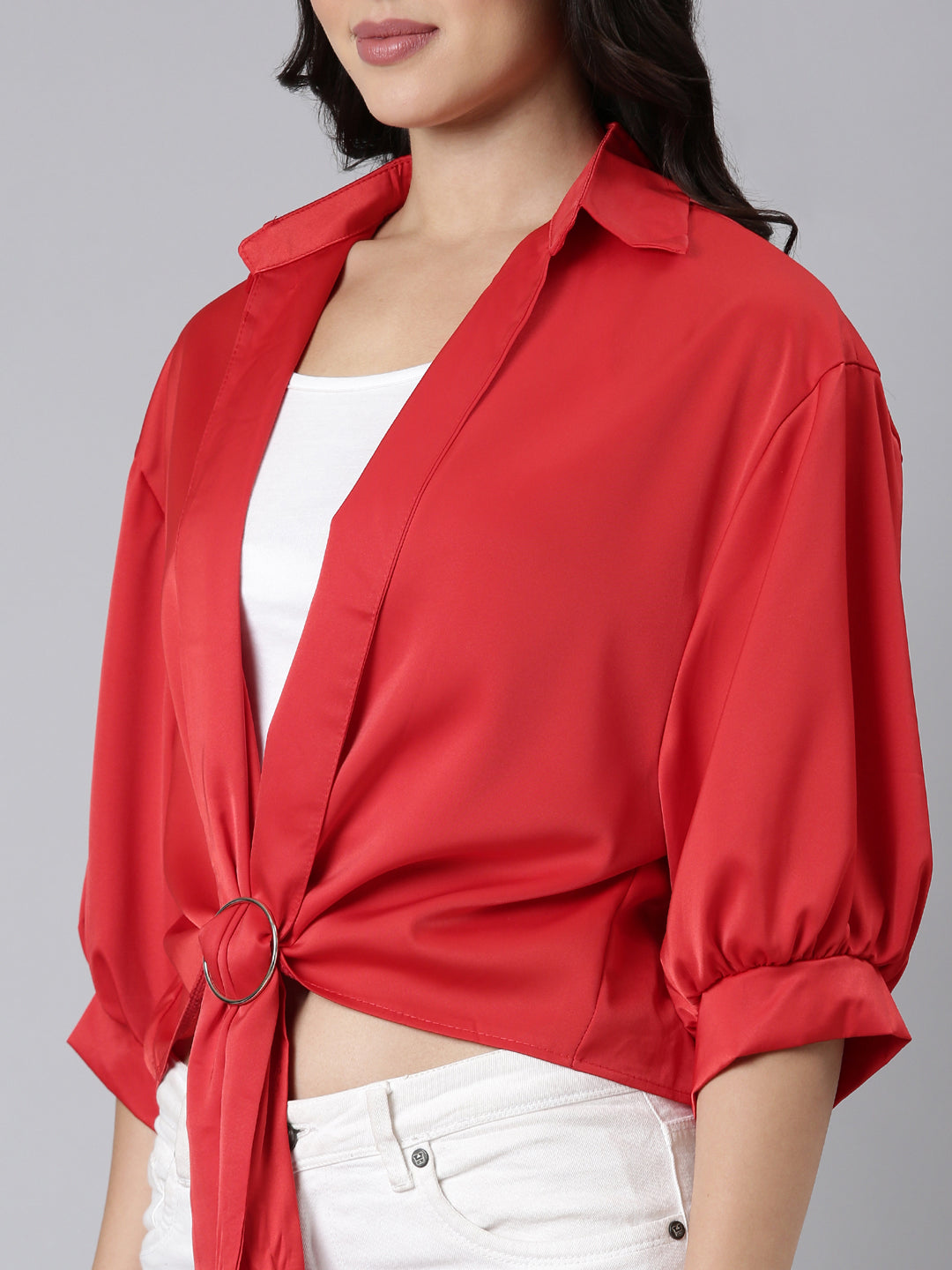 Women's Red Puff Sleeve Satin Shirt Style Top
