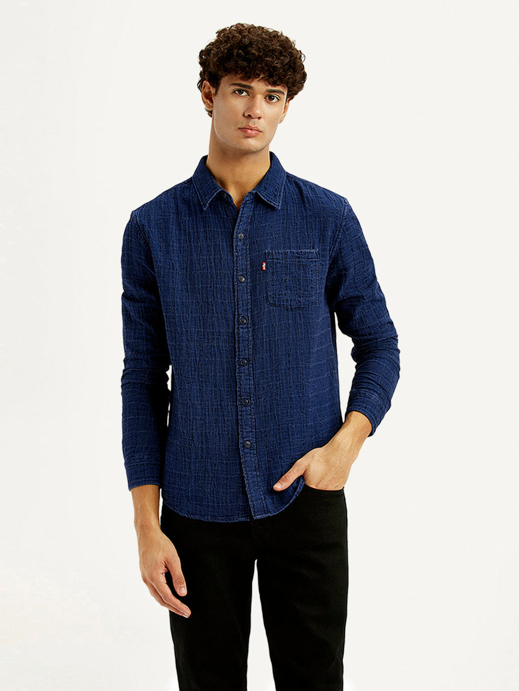 Men's Textured Dark Blue Slim Fit Shirt