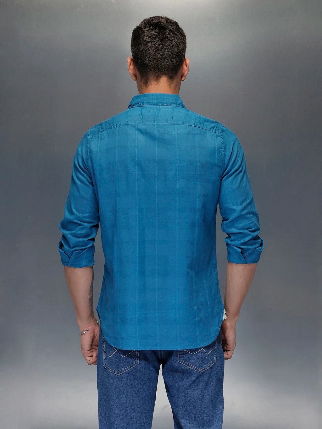 Men's slim fit casual shirt with checked weave pattern | Blue