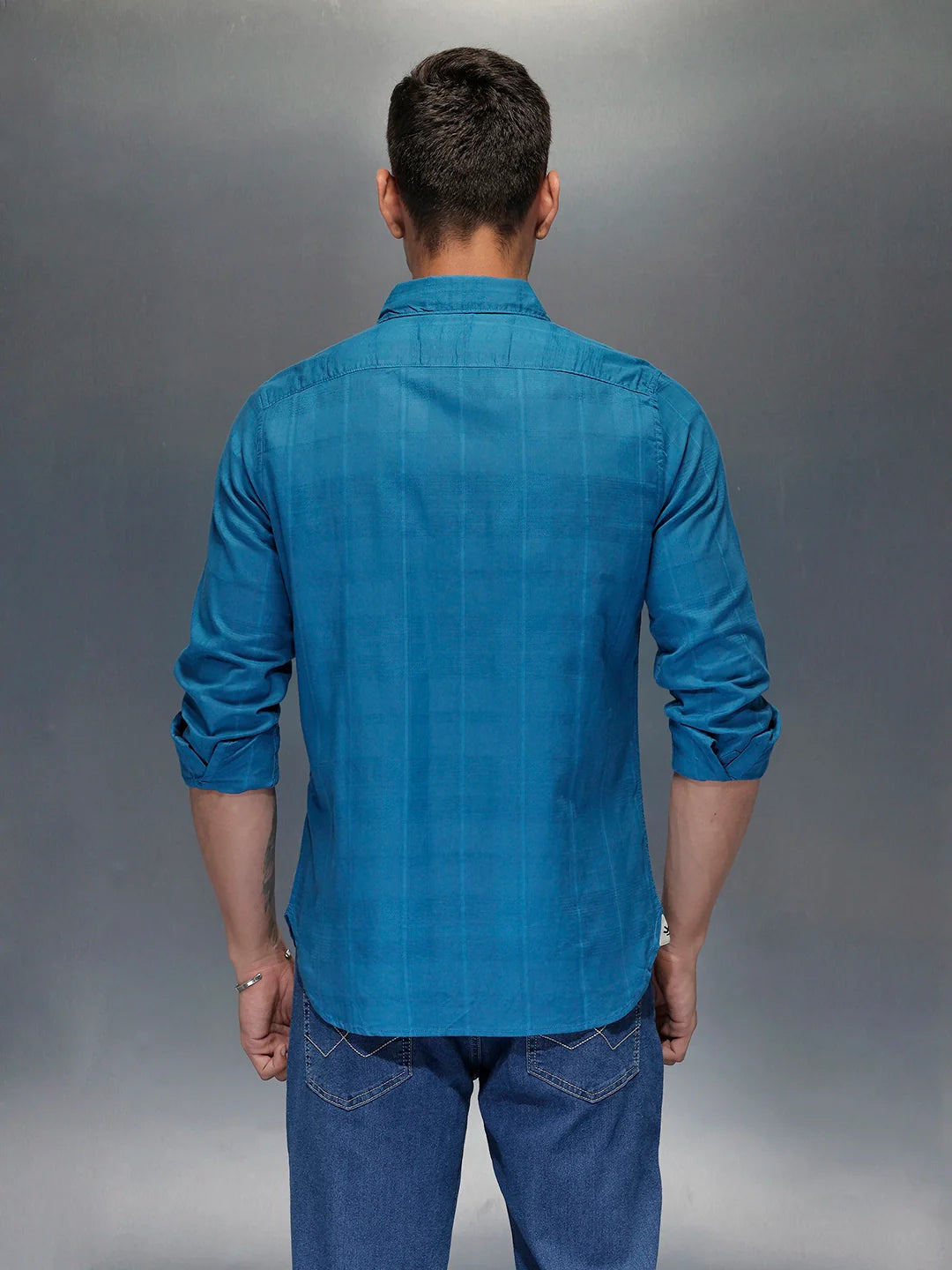 Men's slim fit casual shirt with checked weave pattern | Blue