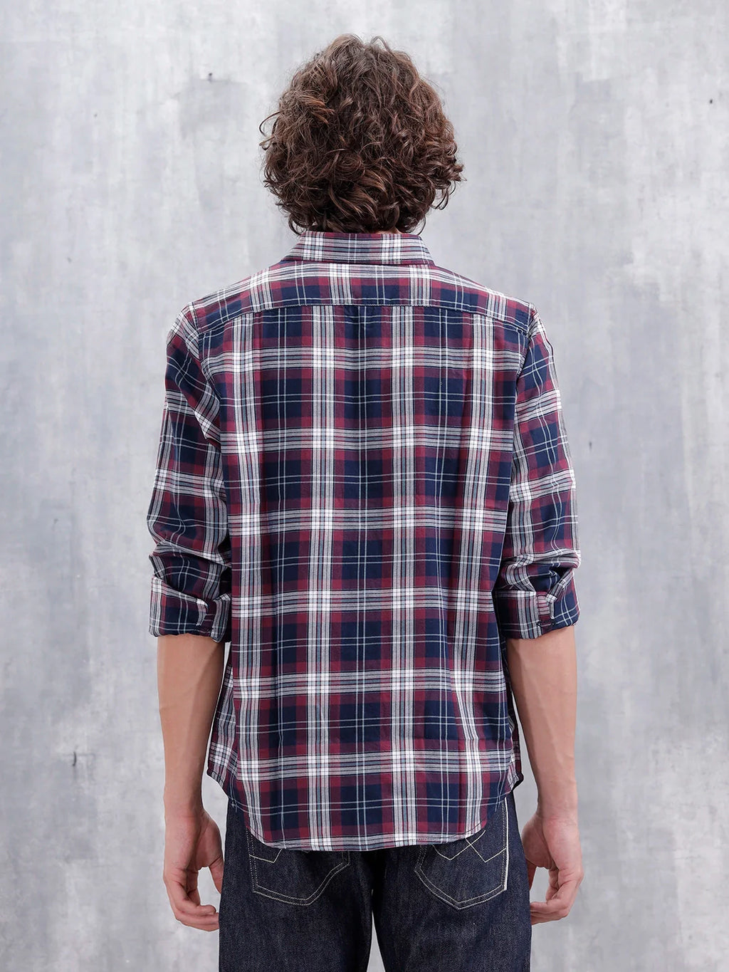 Slim Fit Cotton Indigo Twill Check Shirt | Maroon
