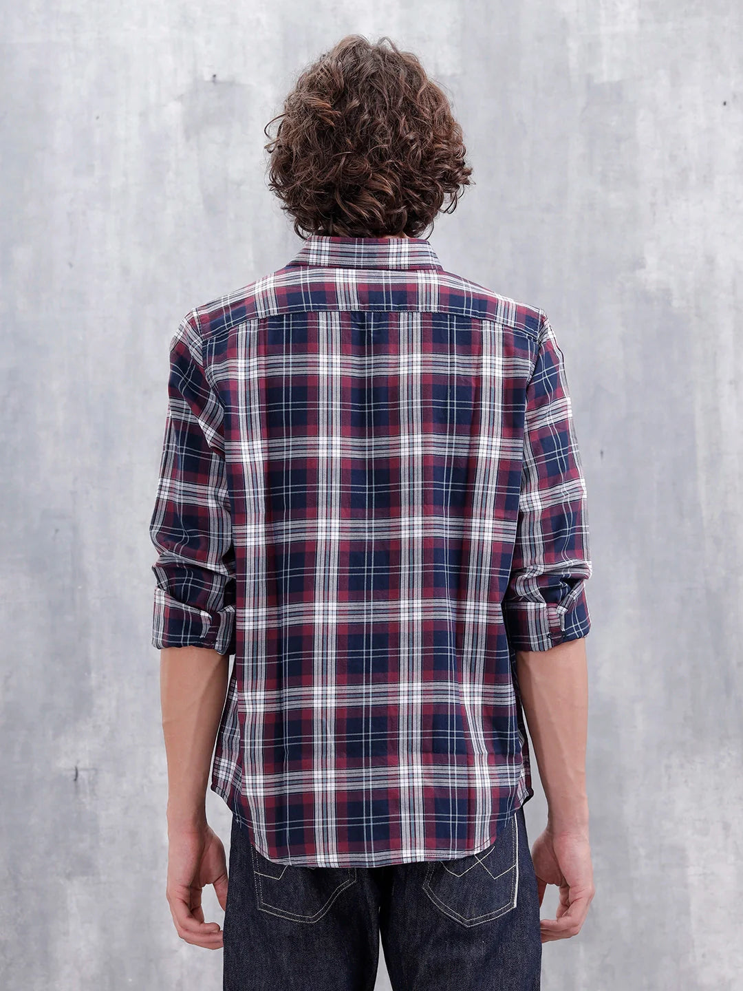 Slim Fit Cotton Indigo Twill Check Shirt | Maroon