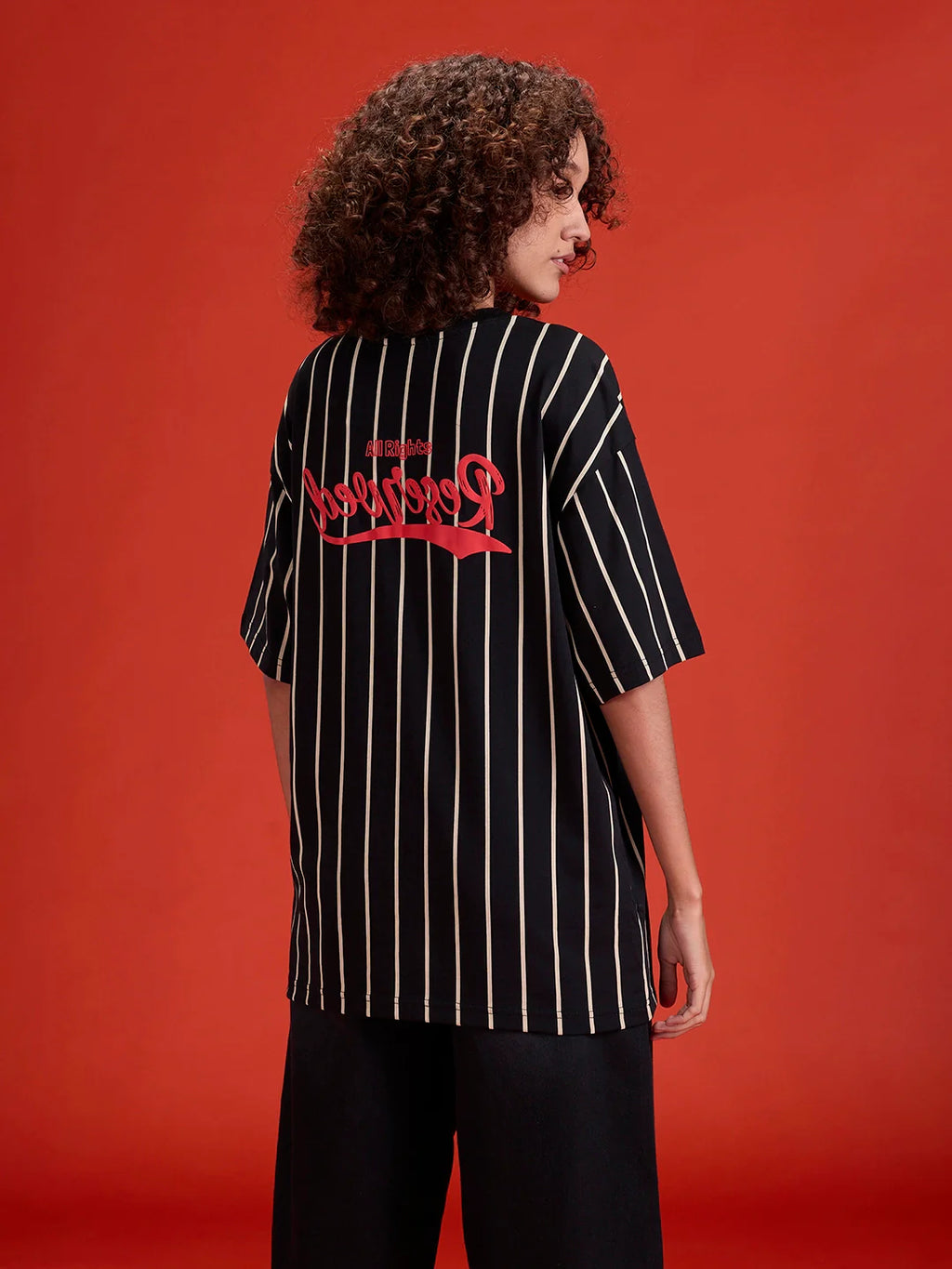 Striped Oversized Fit T-shirt With Puff Print | Black