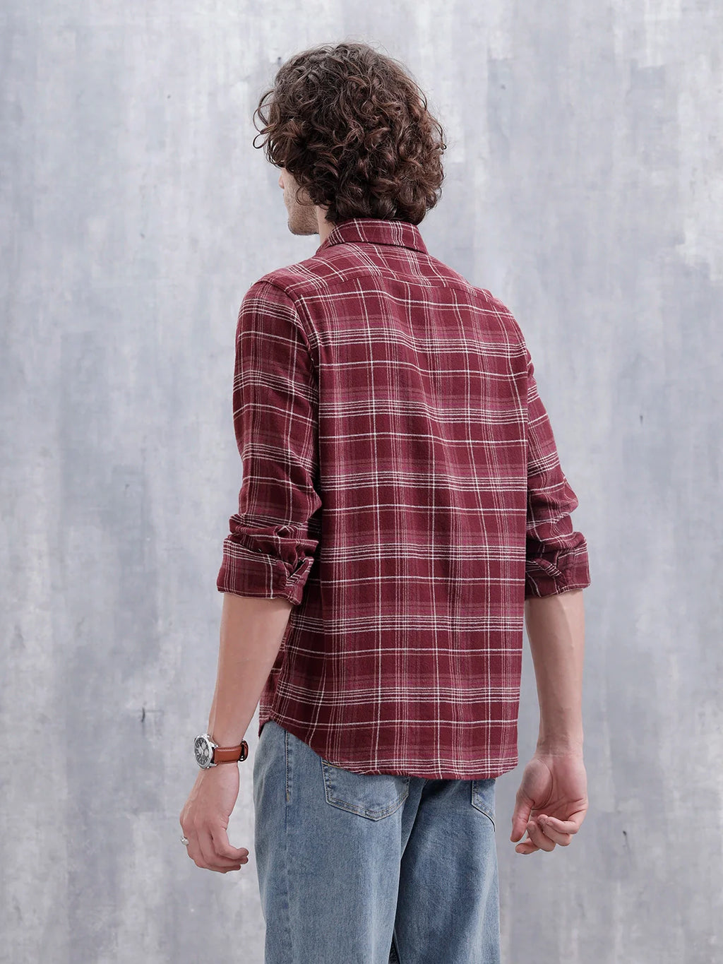 Men’s Double Pocket Checkered Pattern Shirt | Maroon