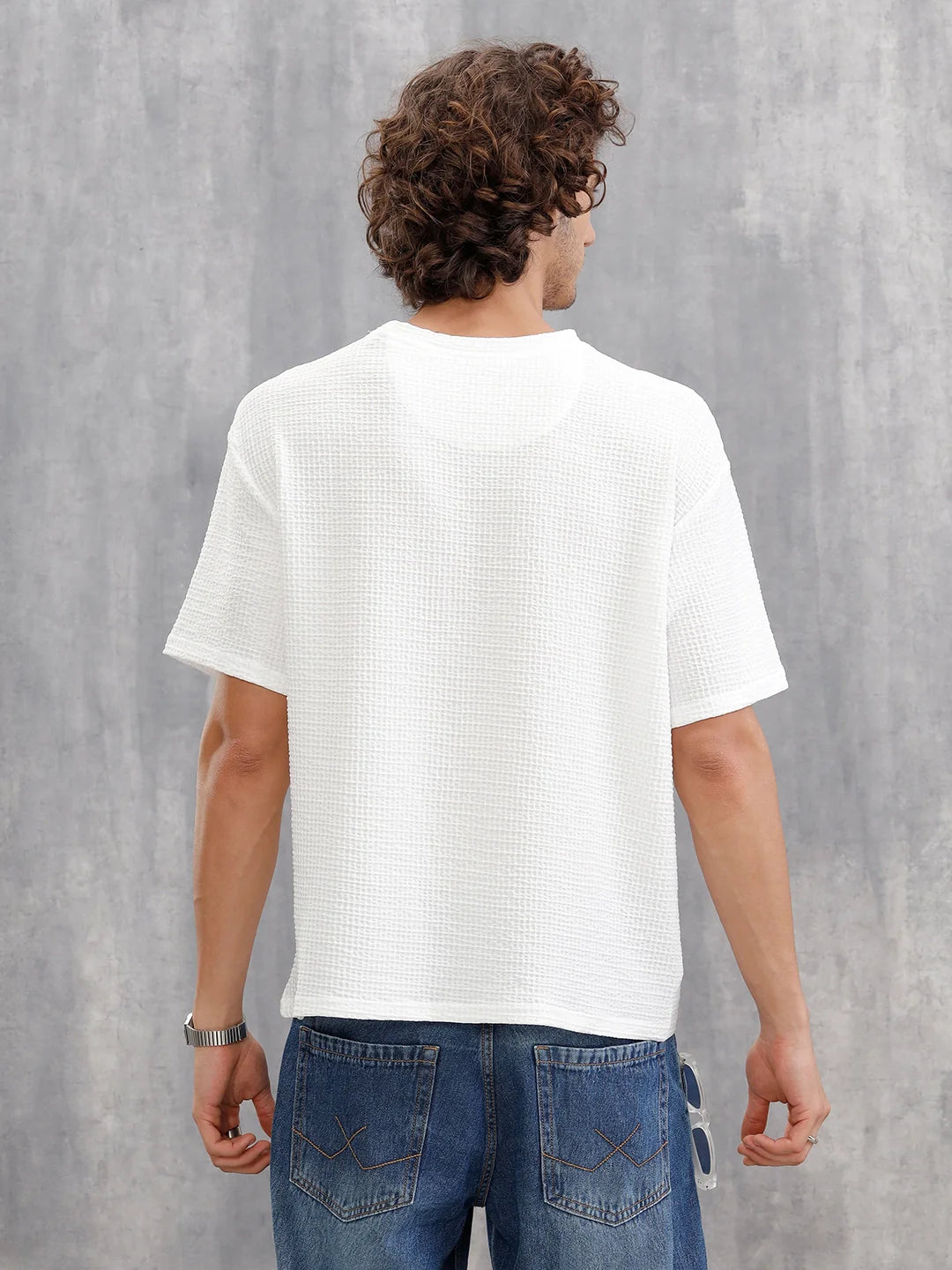 Honeycomb Textured Knit Crew Neck Pullover In Oversized Fit  |  White