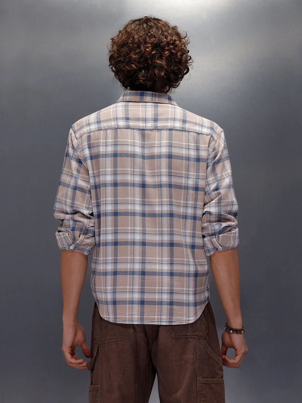 Textured Comfort Fit Checkered Pattern Shirt With Branding | Khaki