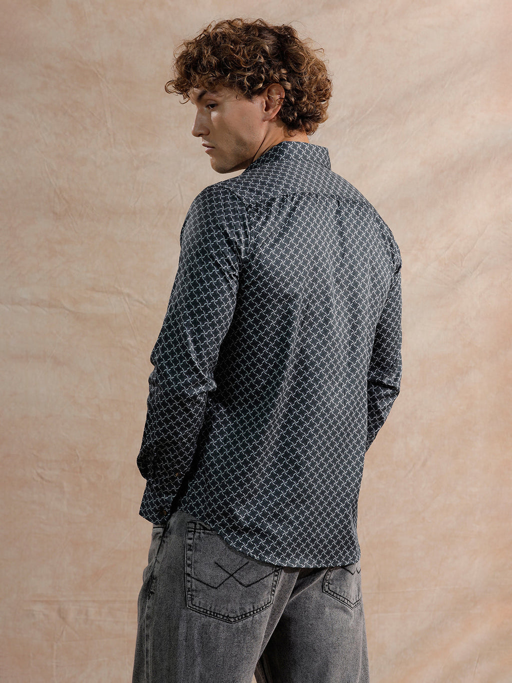 Printed Satin Slim Fit Shirt | Black