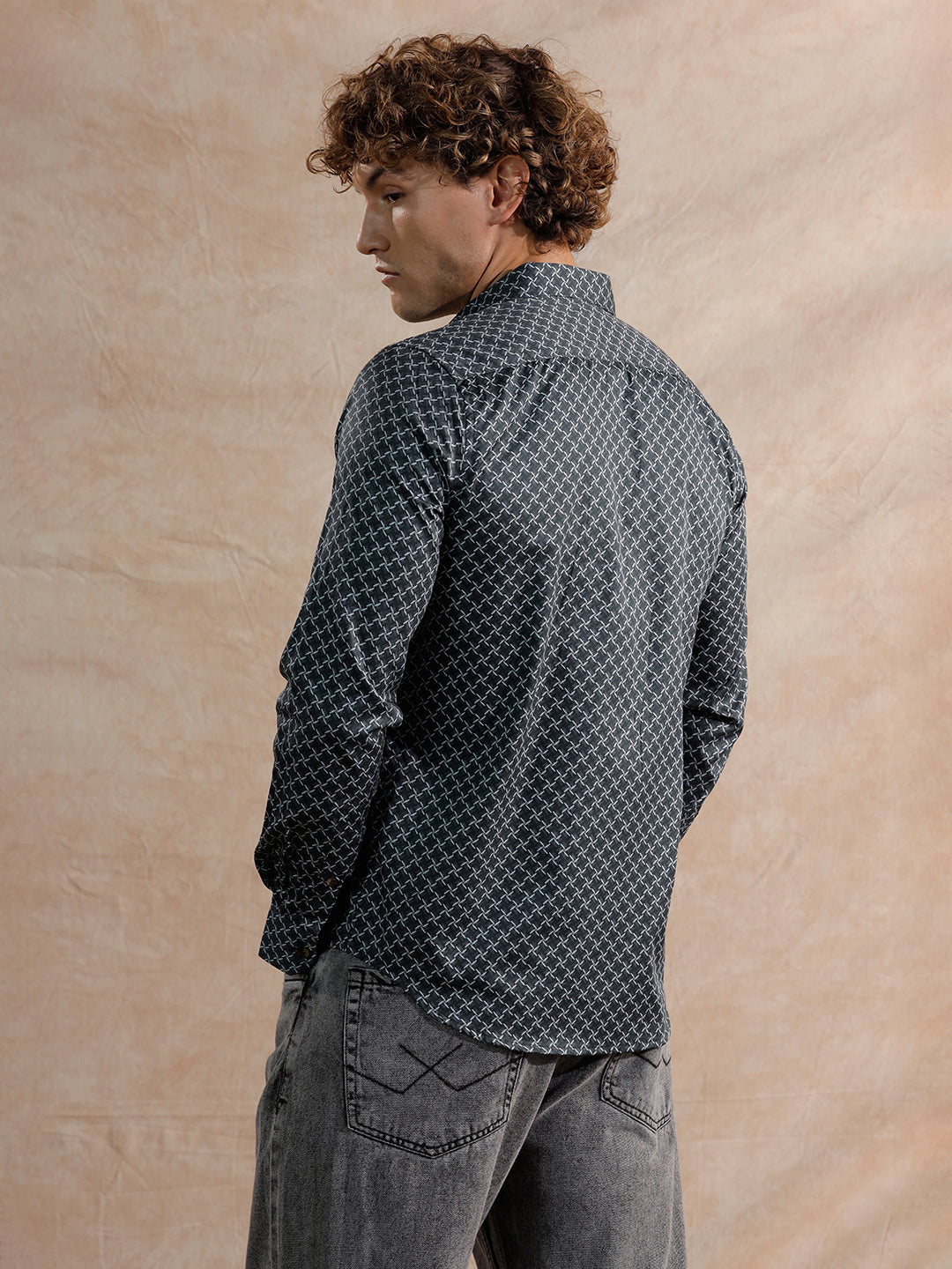 Printed Satin Slim Fit Shirt | Black