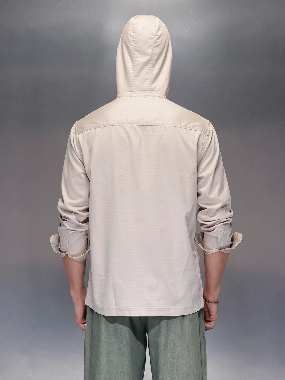 Men's casual hooded half-placket shirt with hood | Beige