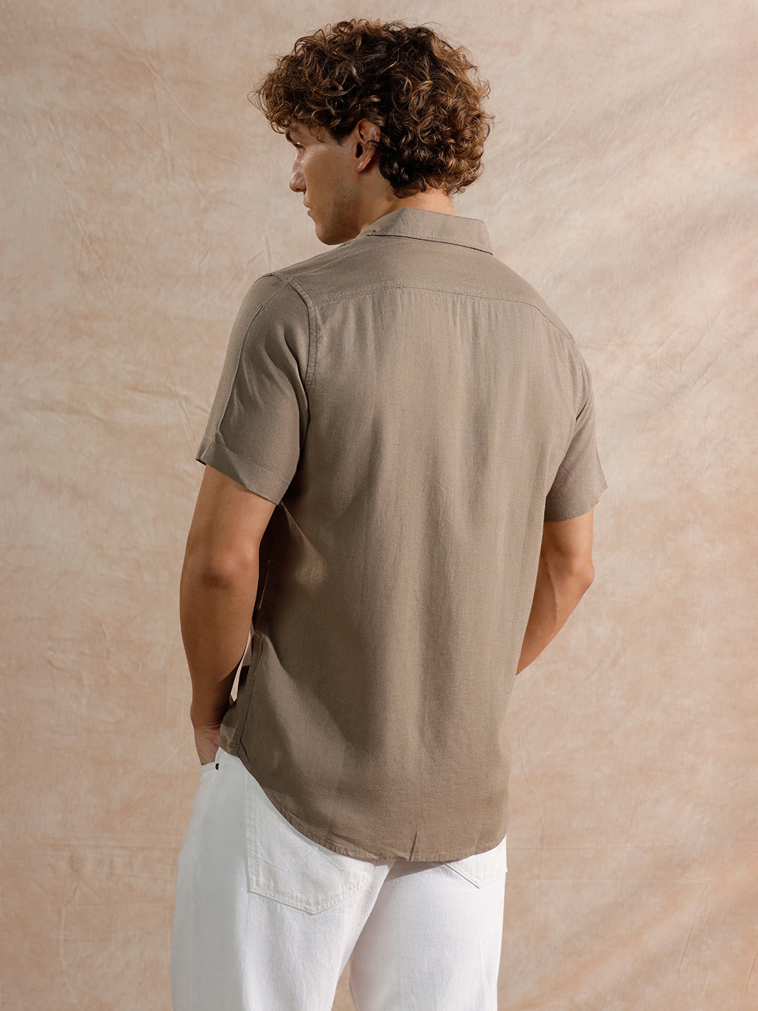 Solid Linen Blend Slim Fit Shirt | Brown