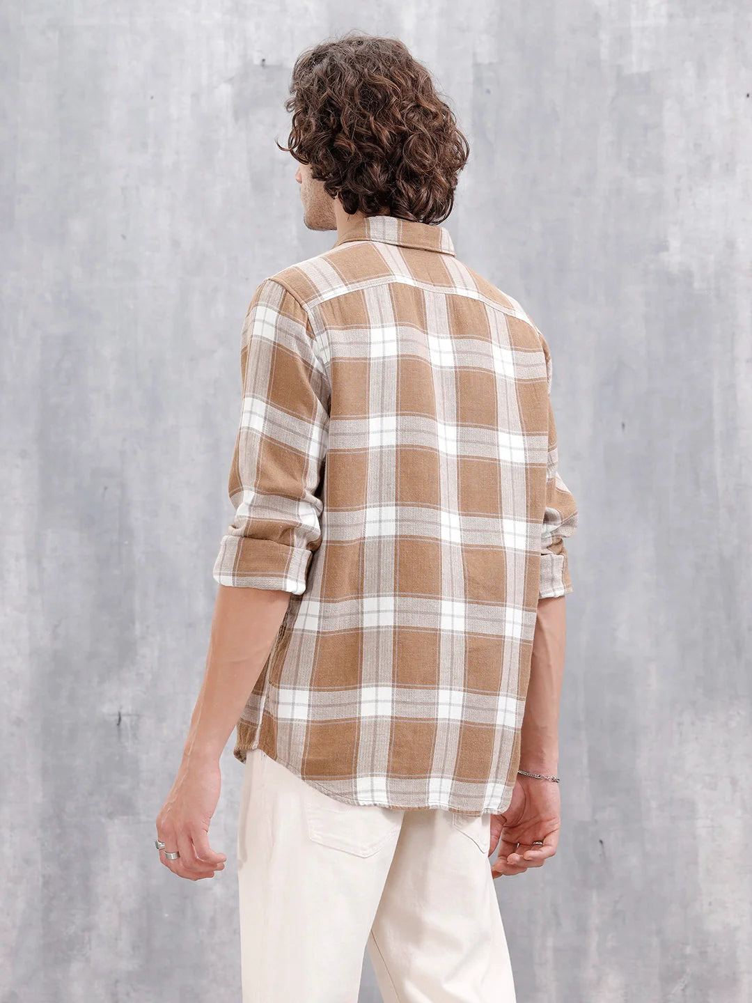 Double Layered Check Slim Fit Shirt | Brown