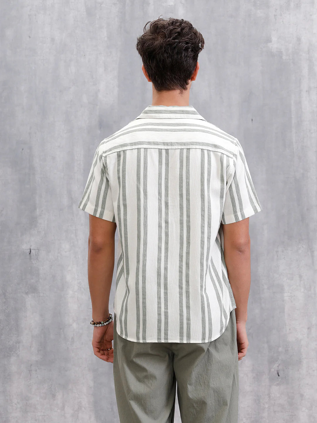 Textured Stripe Shirt In Resort Collar | Green