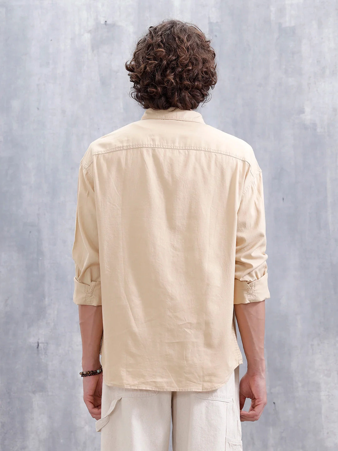 Oversized Fit Double Pocket Solid Shirt | Beige
