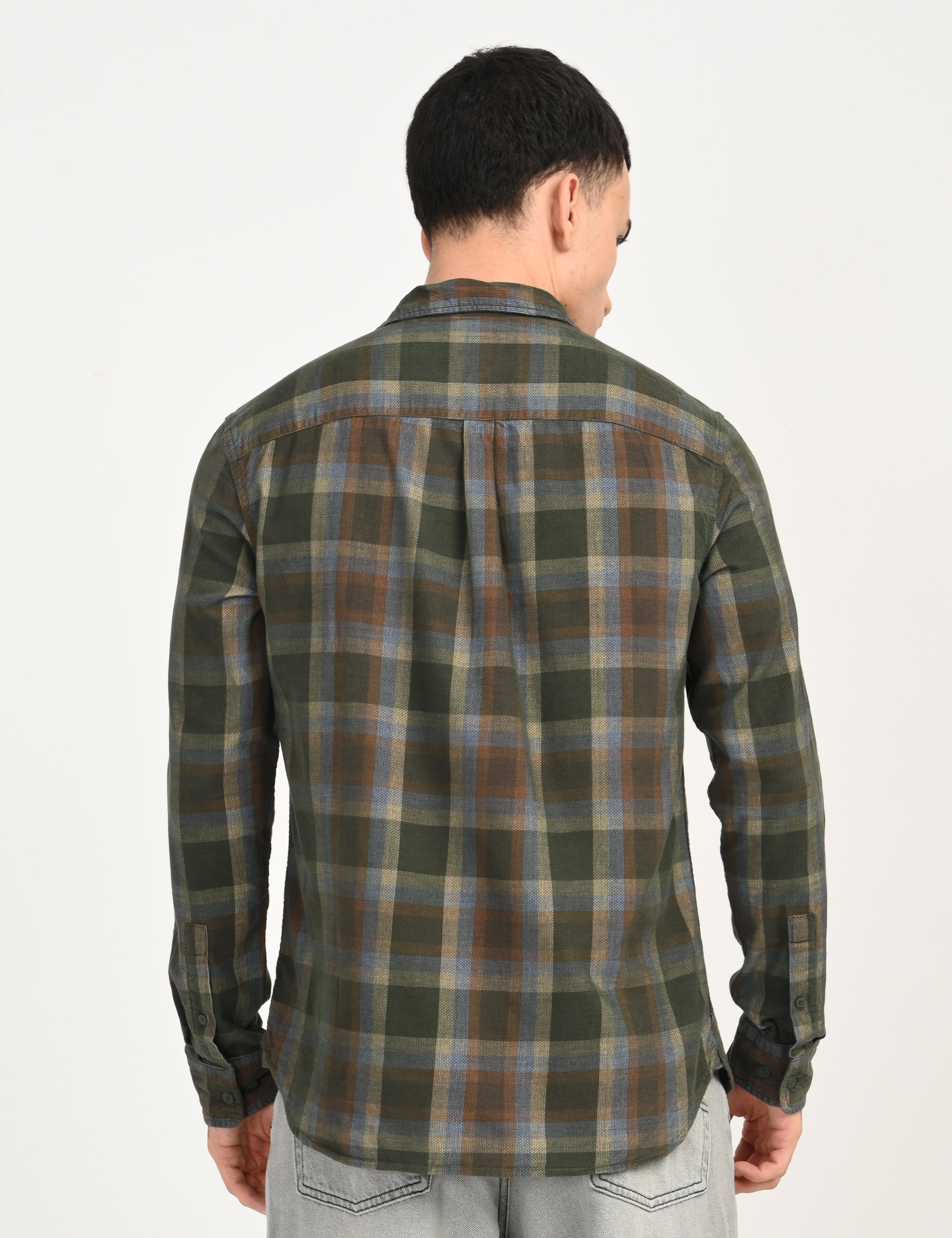 Men's Checkered Olive Slim Fit Corduroy Shirt