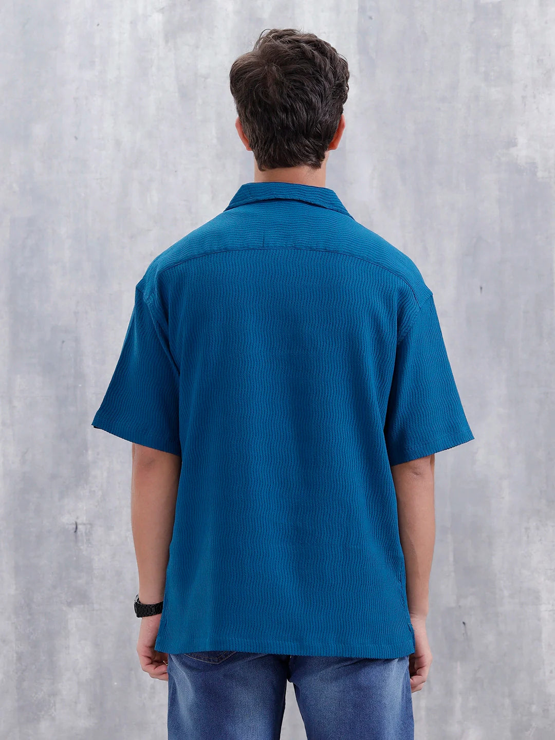 Men's Solid Self Structured Oversized Fit Resort Shirt | Teal