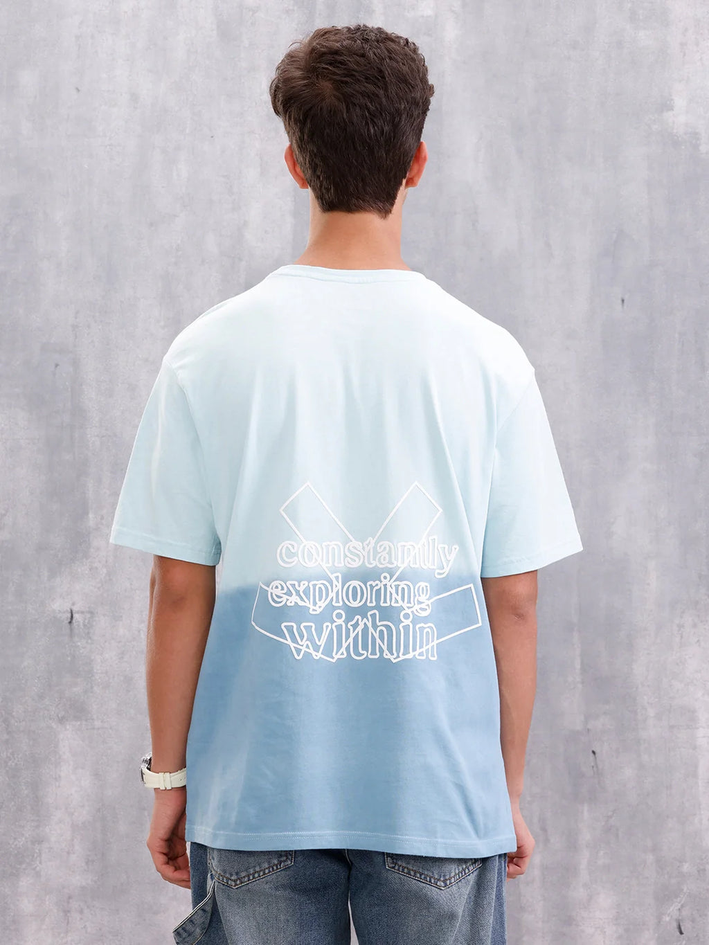 Ombre Dyed Back Graphic Puff Printed Oversized Fit T-Shirt | Light Blue